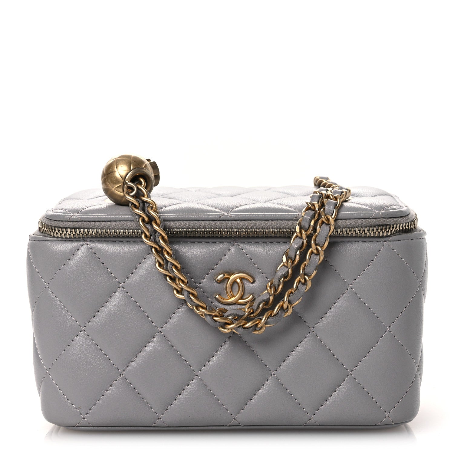 Lambskin Quilted Small Pearl Crush Vanity Case With Chain Grey