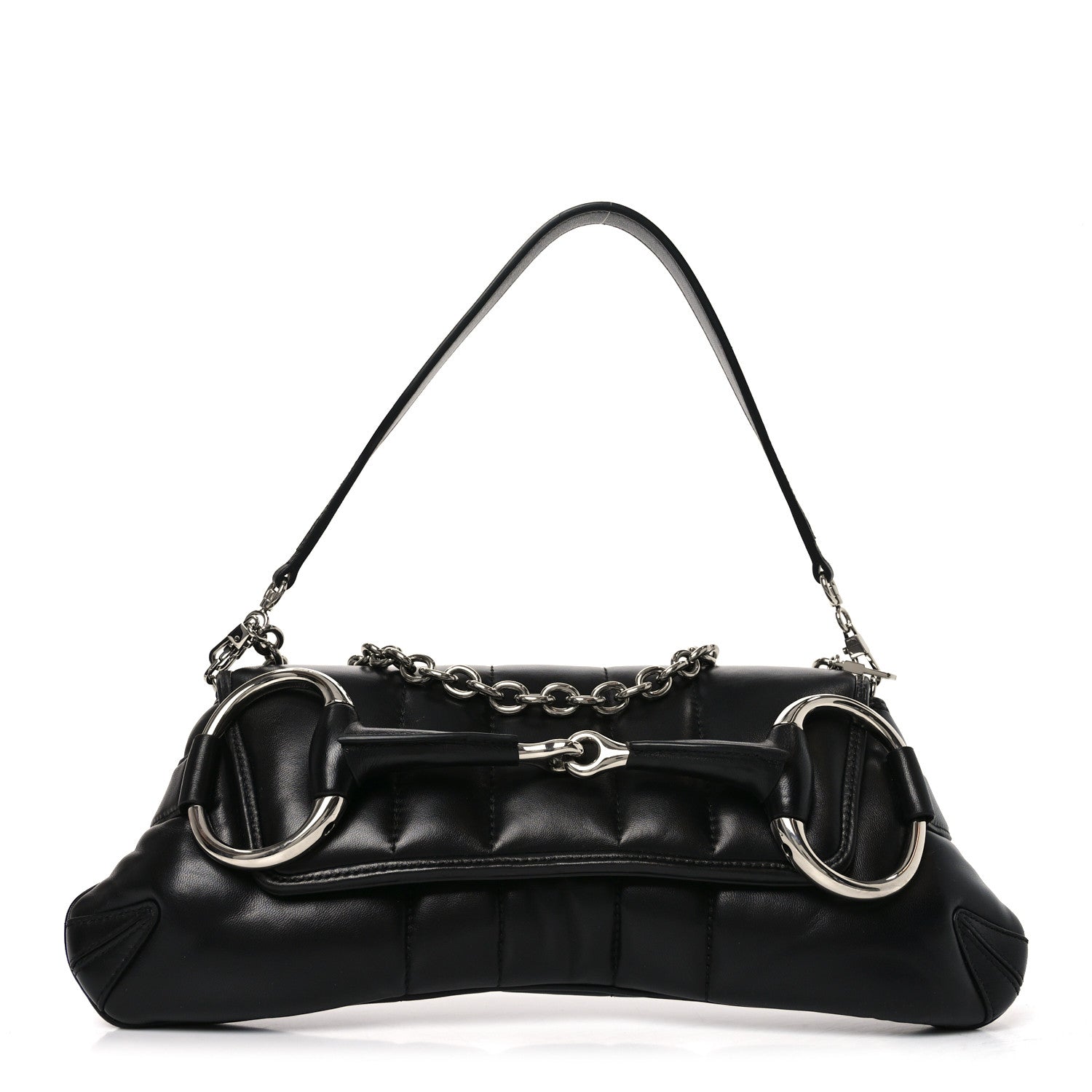 Nappa Vertical Matelasse Medium Maxi Horsebit Chain Shoulder Bag Black