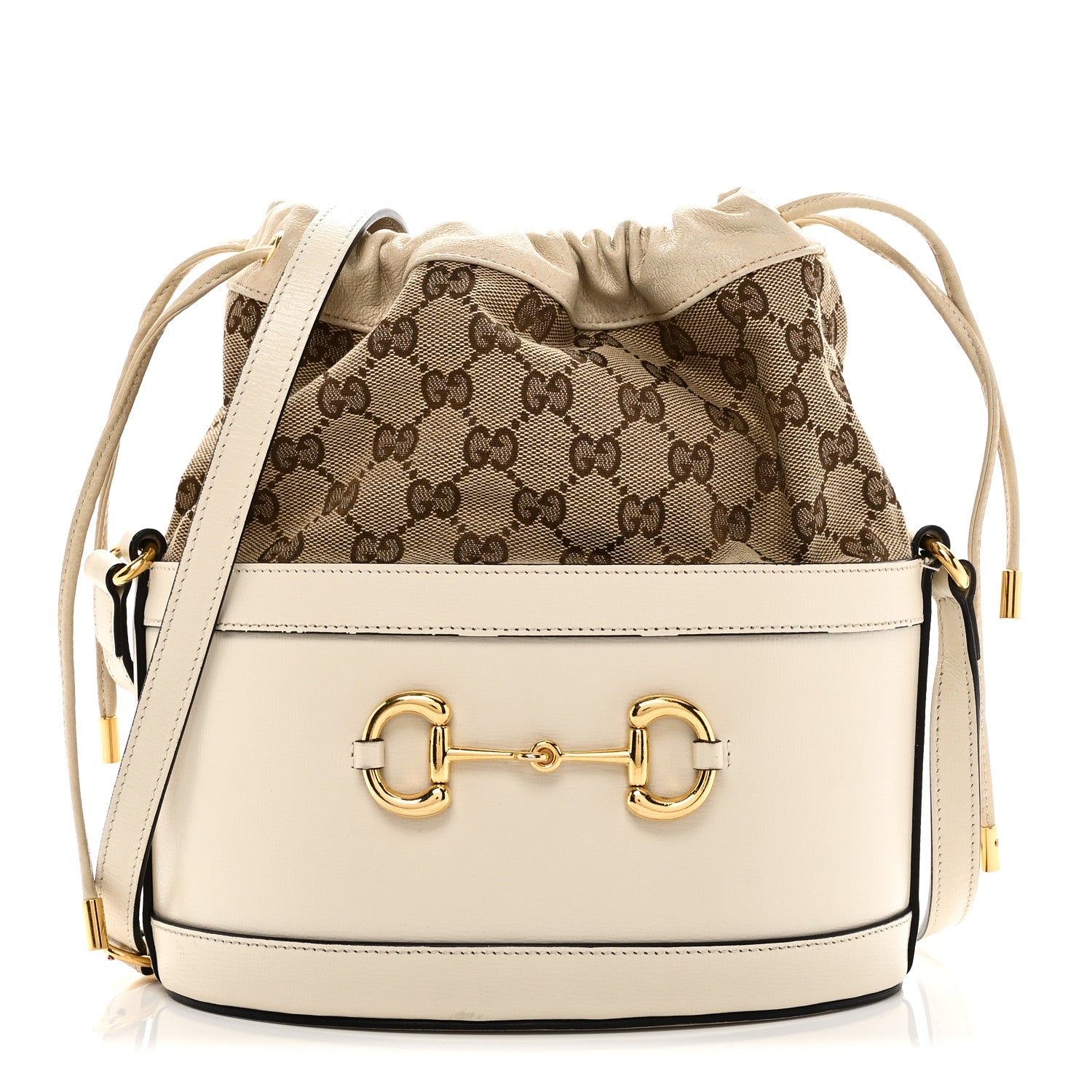 Monogram Textured Calfskin Horsebit 1955 Drawstring Bucket Bag Beige Mystic White