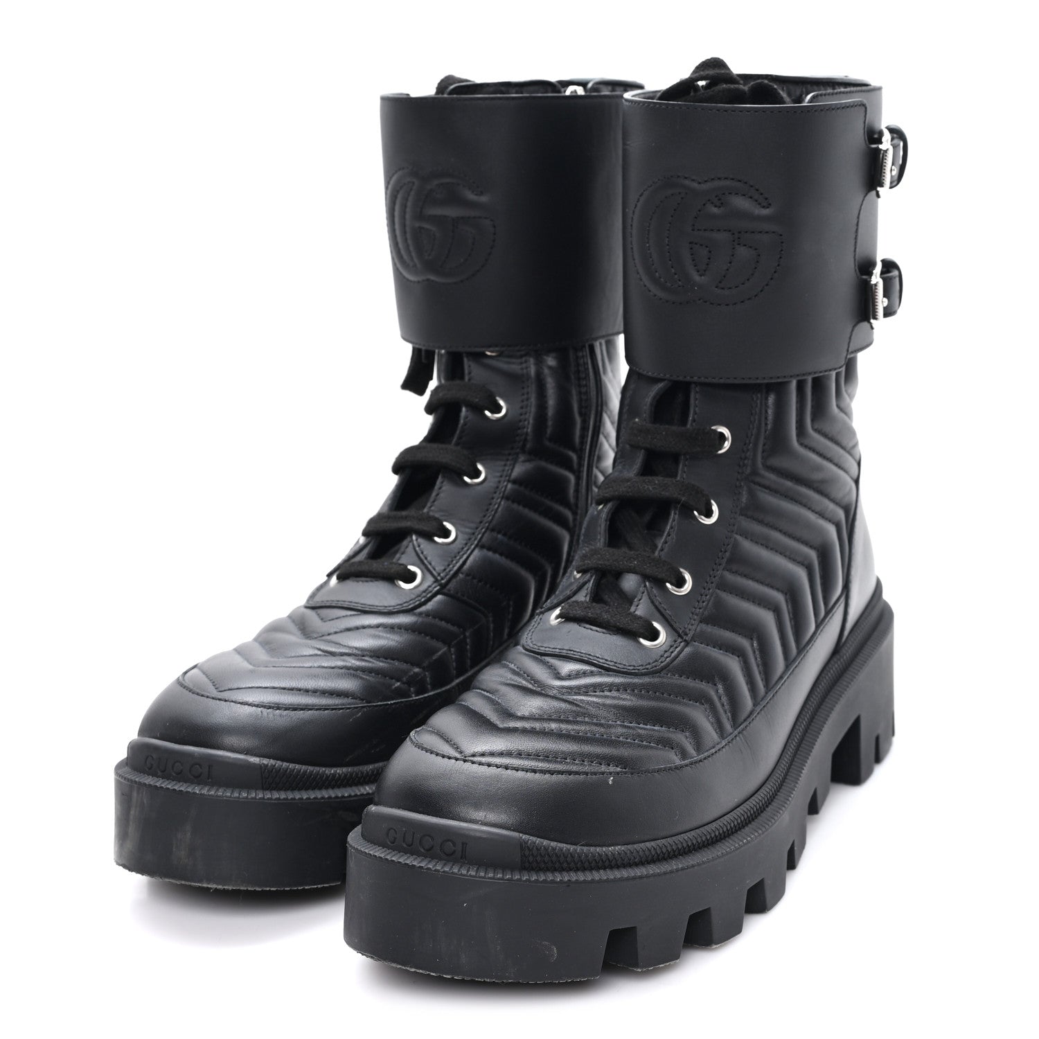 Nappa Frances GG Matelasse Platform Combat Boots 39 Black