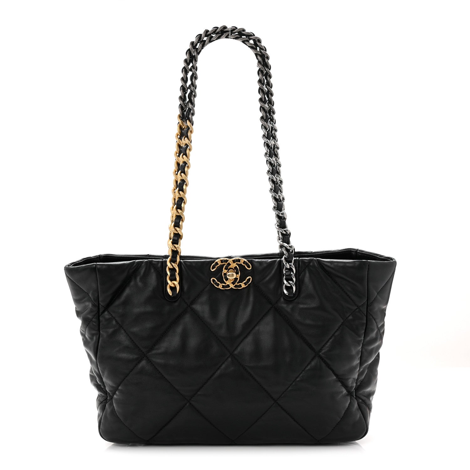 Lambskin Quilted Chanel 19 East West Shopping Bag Black