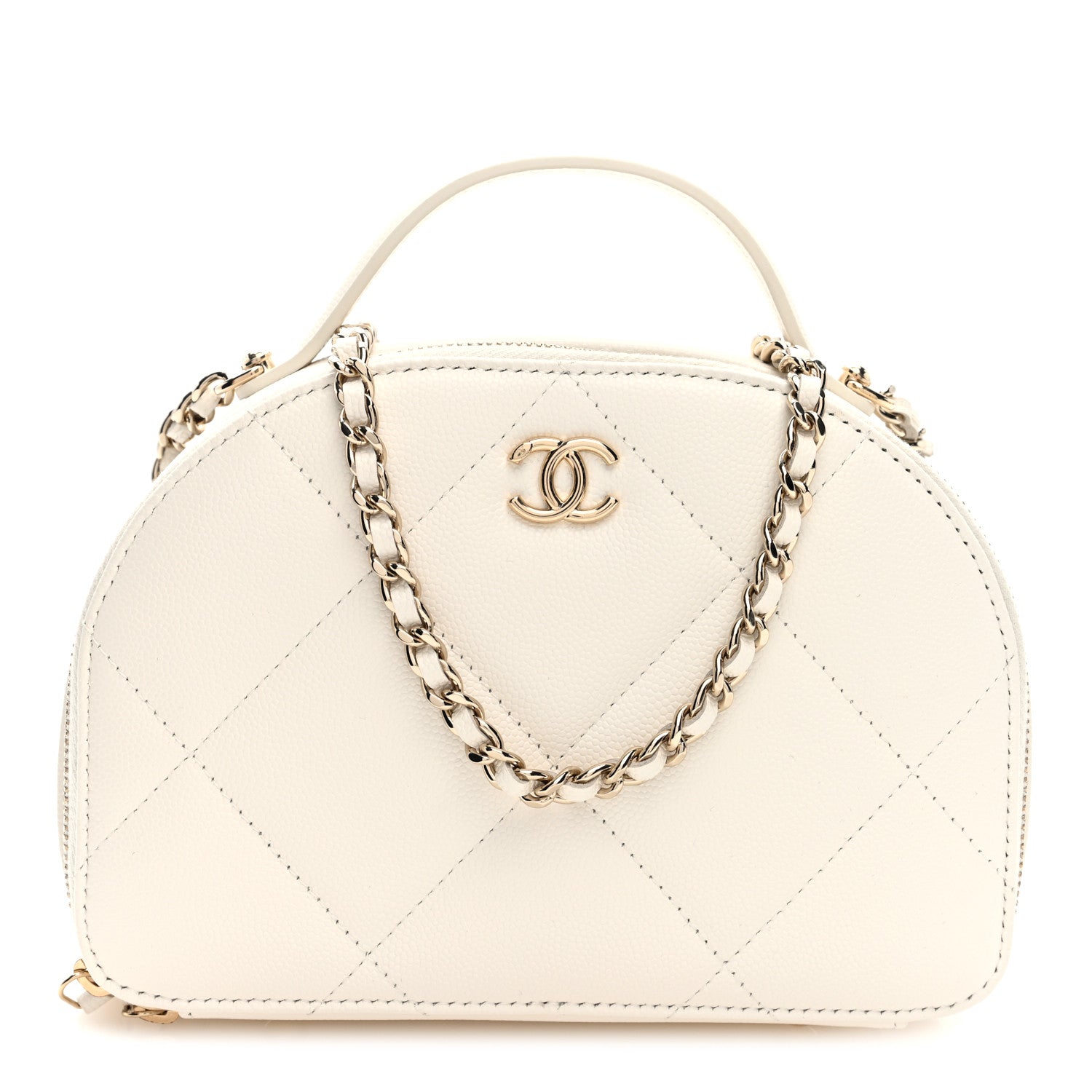 Grained Calfskin Quilted Top Handle Chain Clutch White