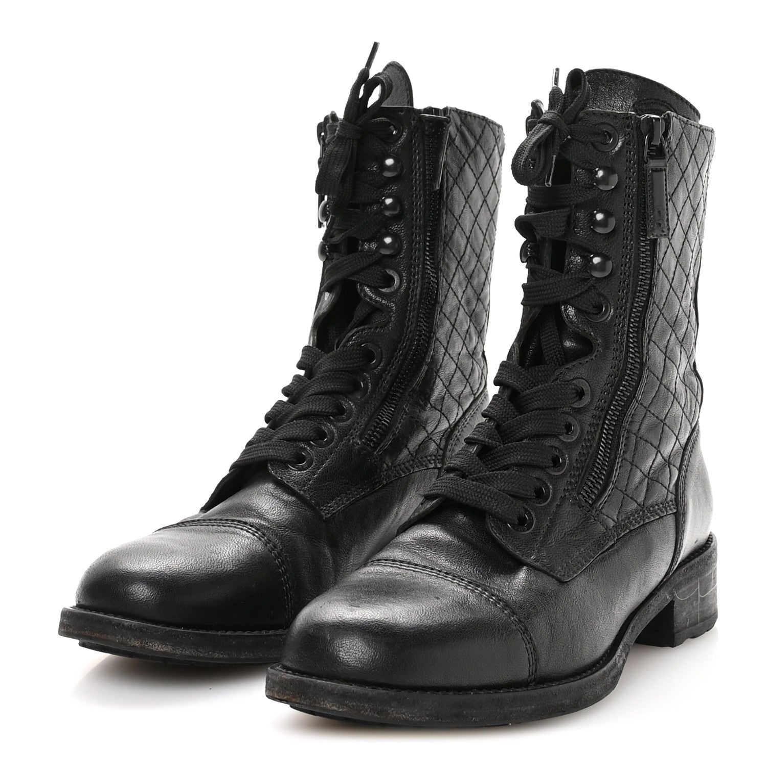 Sheepskin Quilted CC Tall Lace Up Combat Boots 38.5 Black