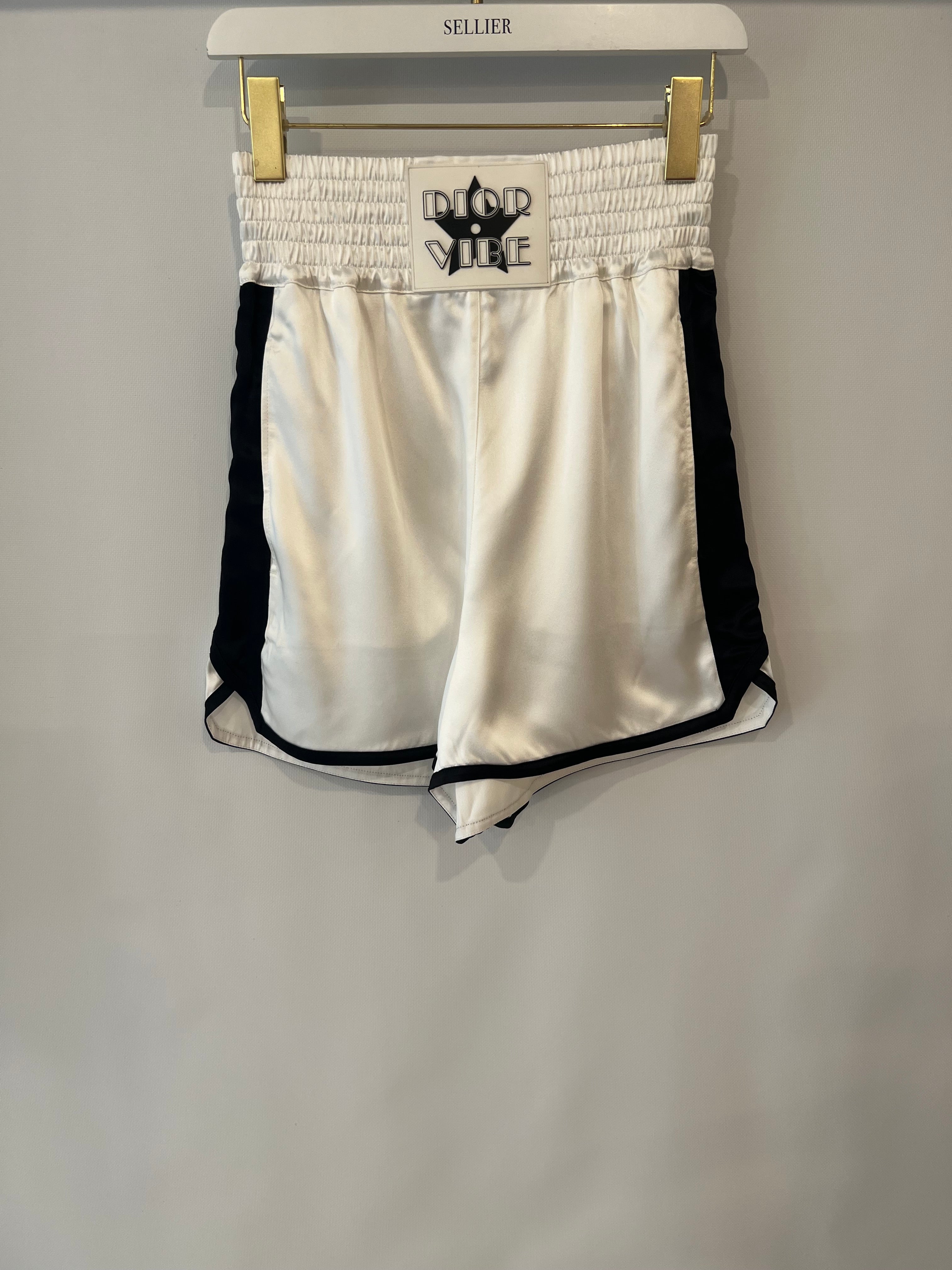 Christian Dior White Satin Shorts with Black Side Strips and Dior Vibe Detail Size S (UK 8)