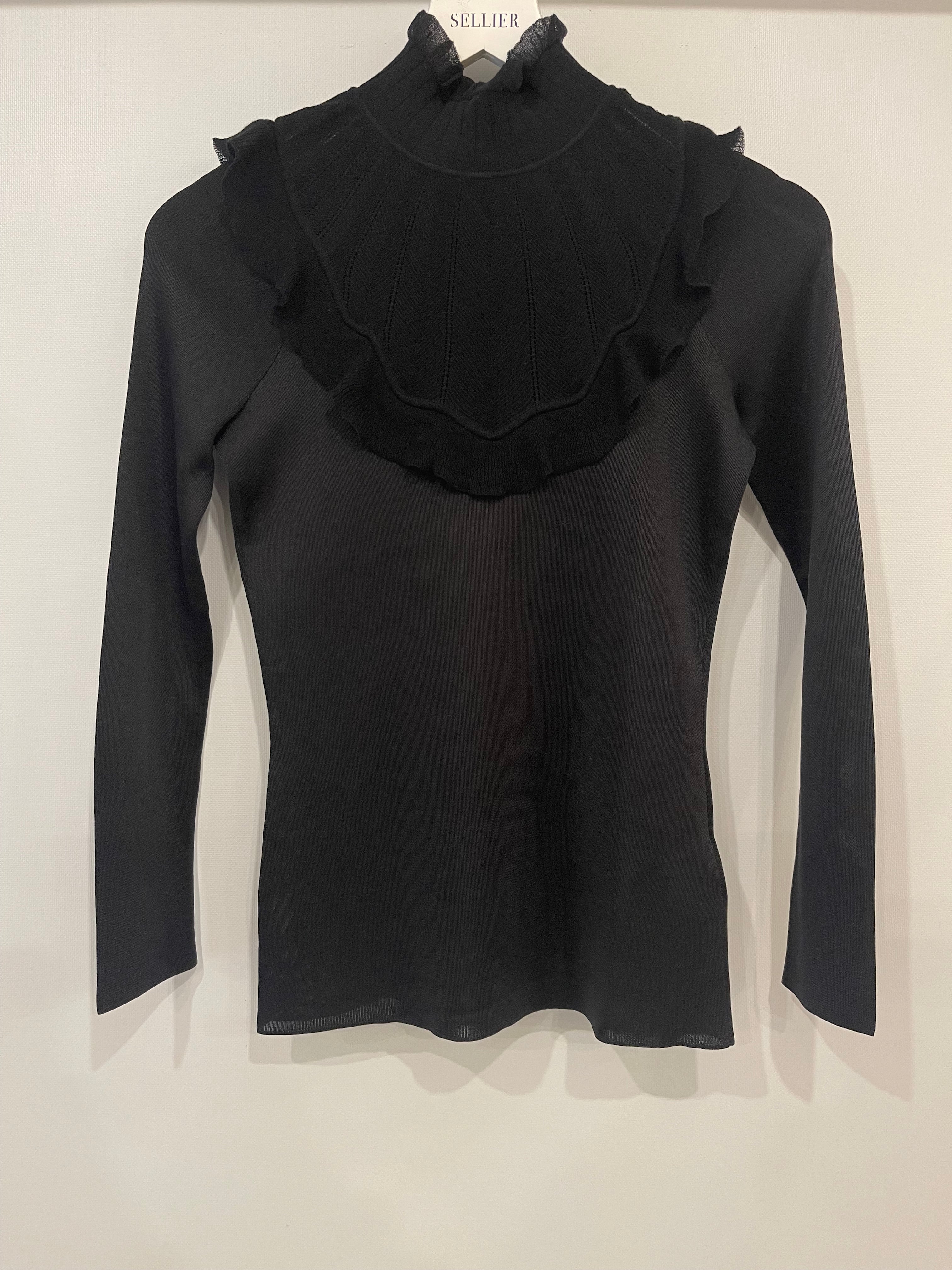 Hermès Black Ruffle Long Sleeve Top with Collar Detail Size FR 34 (UK 6)