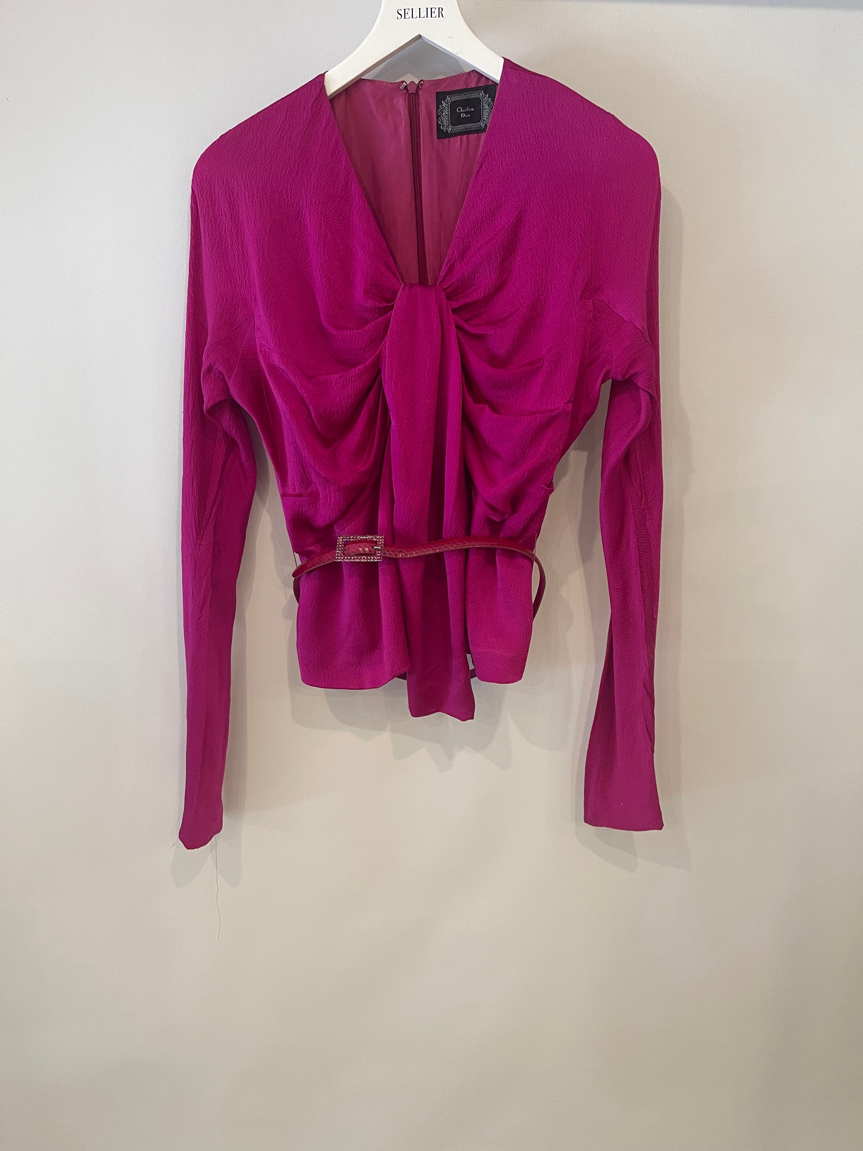Christian Dior Hot Pink Silk Top and Skirt Set with Crystal Belt Detail Size FR 42 (UK 14)