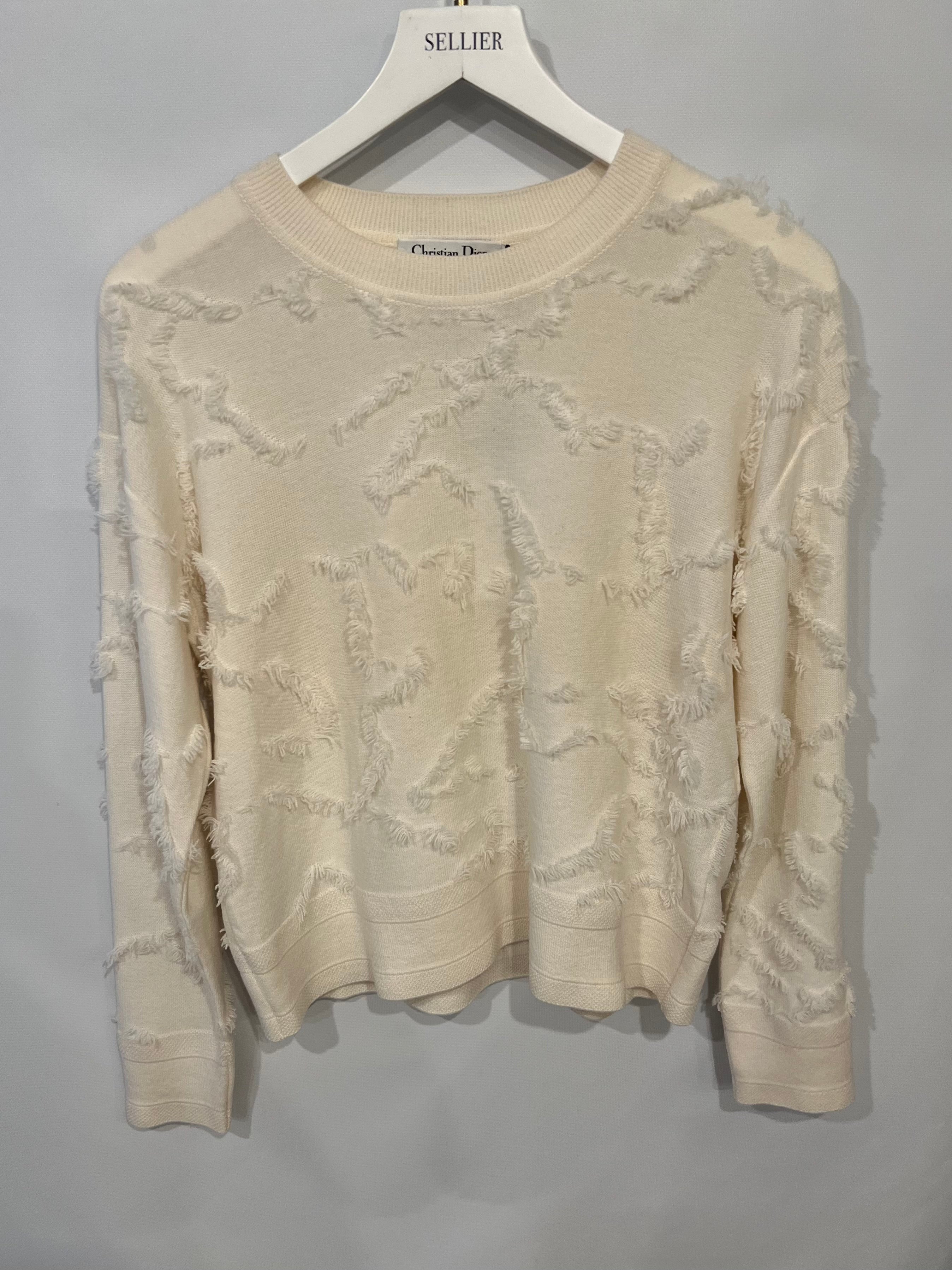 Christian Dior Cream Cashmere Jumper with Back Logo and Frayed Textured Details Size FR 34 (UK 6)