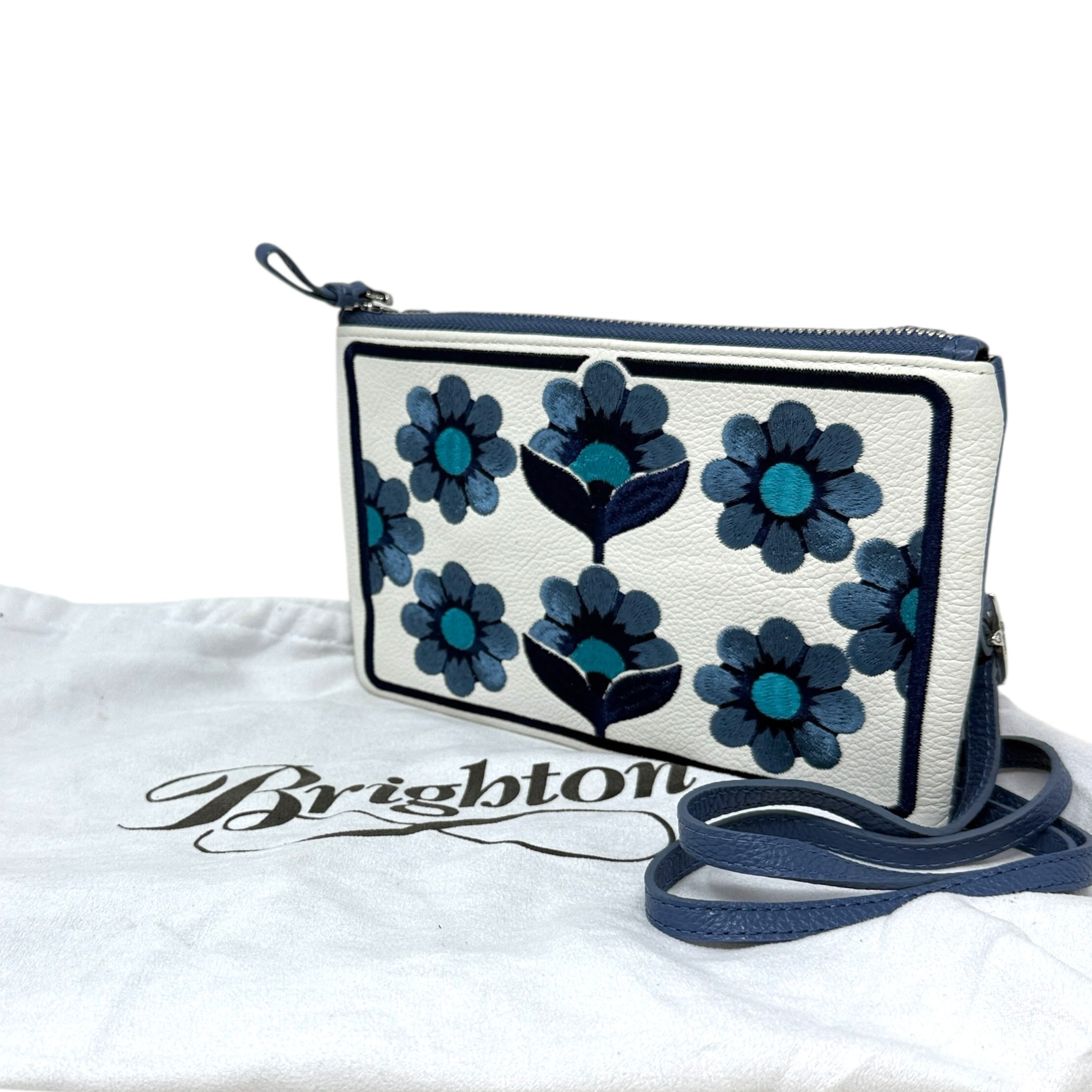 Blue Print Floral Embroidered Leather Crossbody By Brighton, Size: Small