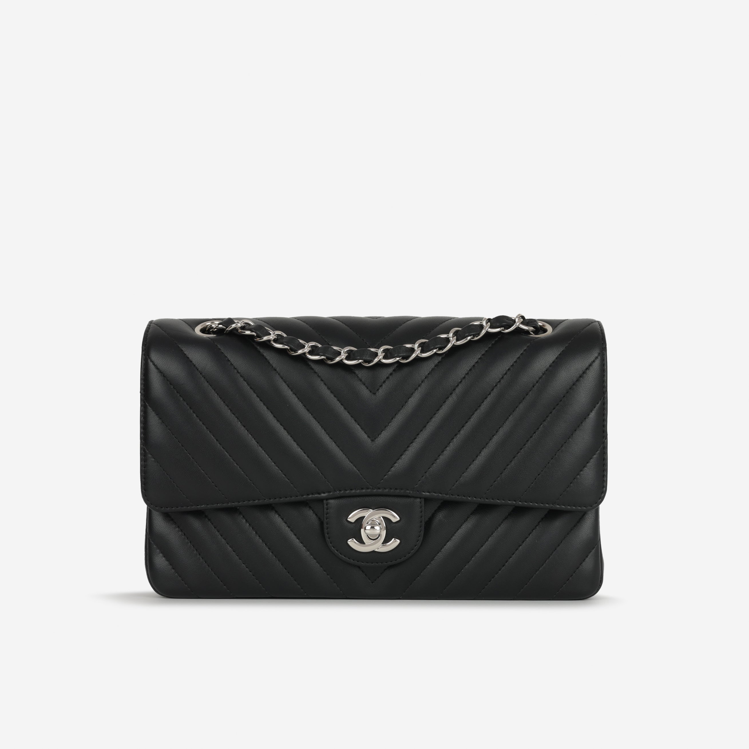 Chanel Medium Classic Flap - Black Chevron Lambskin | Silver Hardware