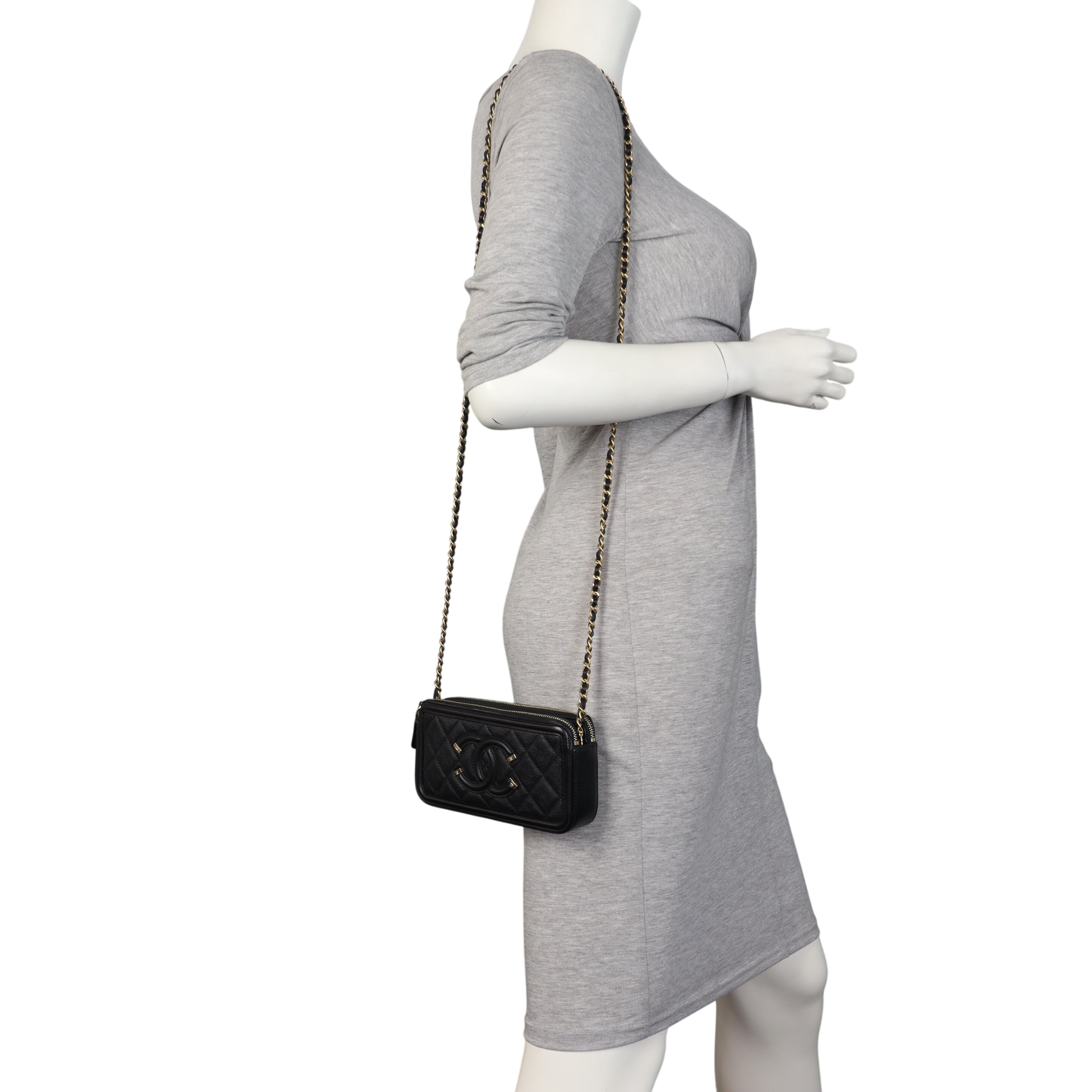 Chanel CC Filigree Double Zip Clutch on Chain