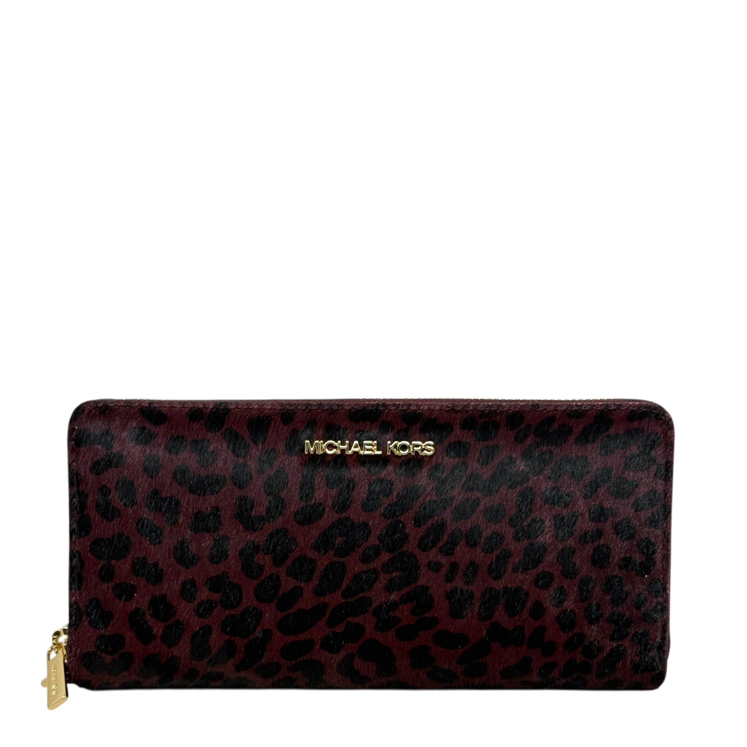 Jet Set Travel Continental Wallet in Oxblood Leopard Print Calf Hair By Michael By Michael Kors, Size: Large