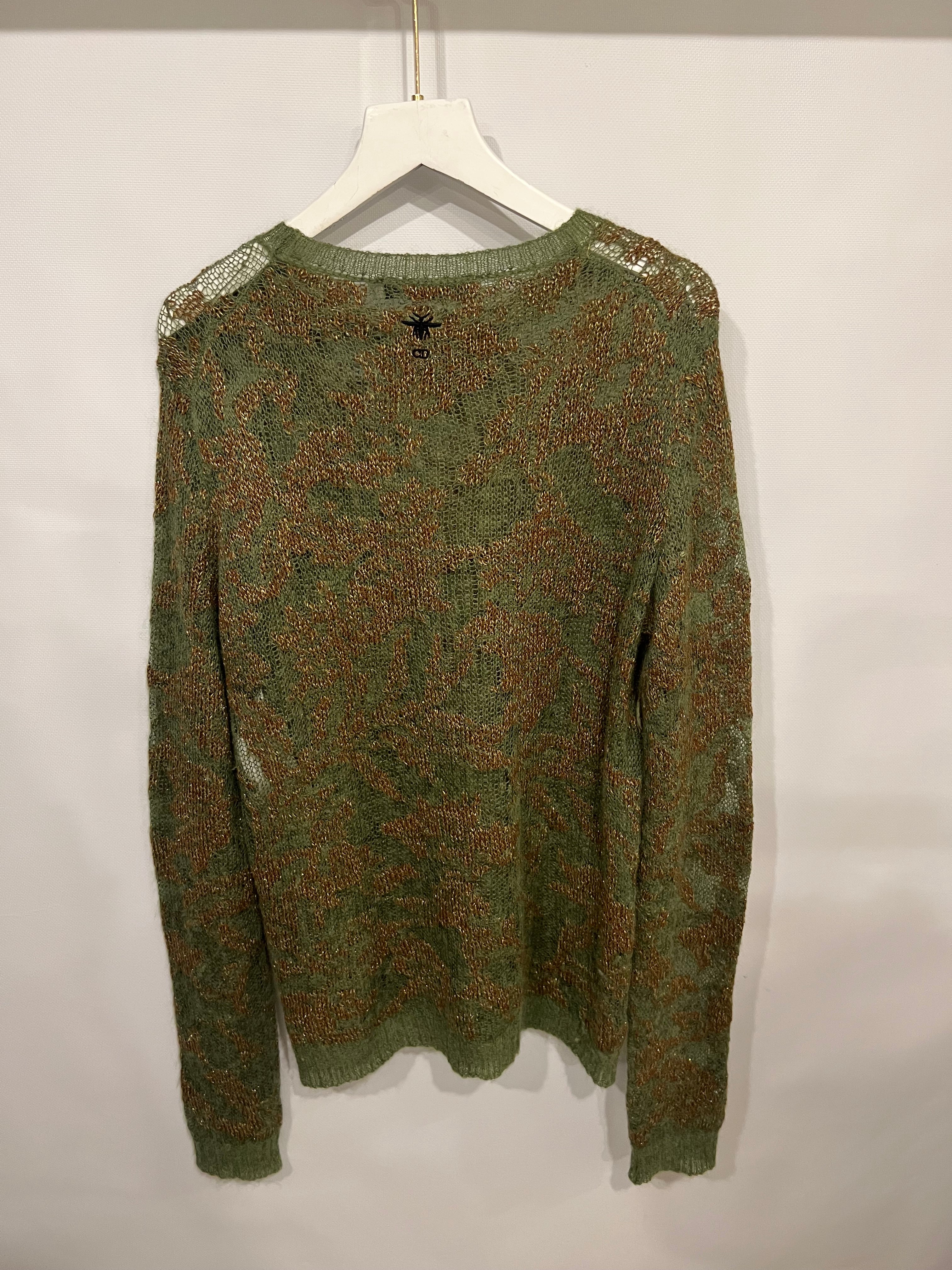 Christian Dior Green, Brown and Gold Metallic Cashmere Jumper with Back CD Logo Detail Size FR 38 (UK 10) RRP £1,950