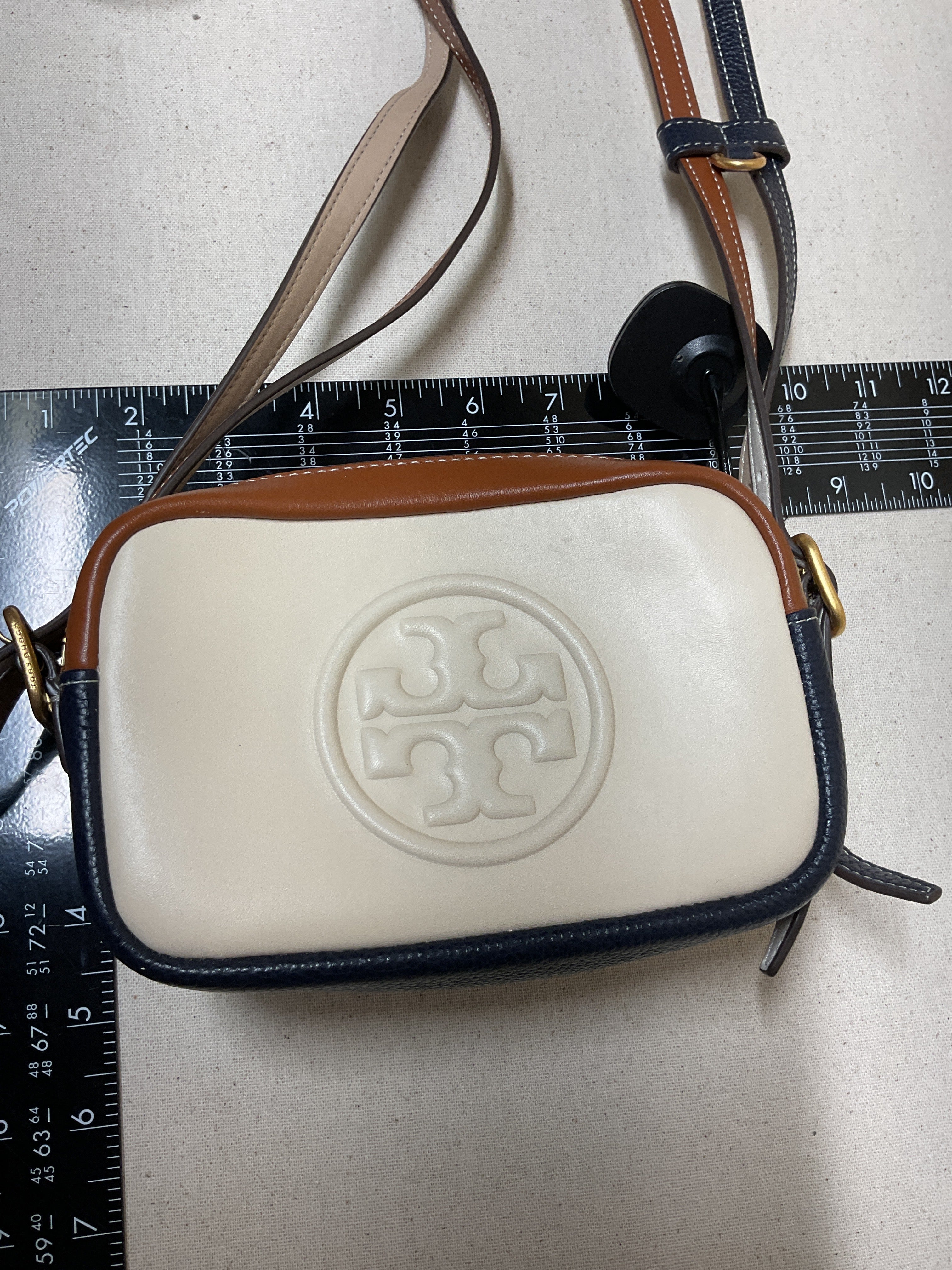 Crossbody Designer By Tory Burch In Brown & Cream, Size:Small