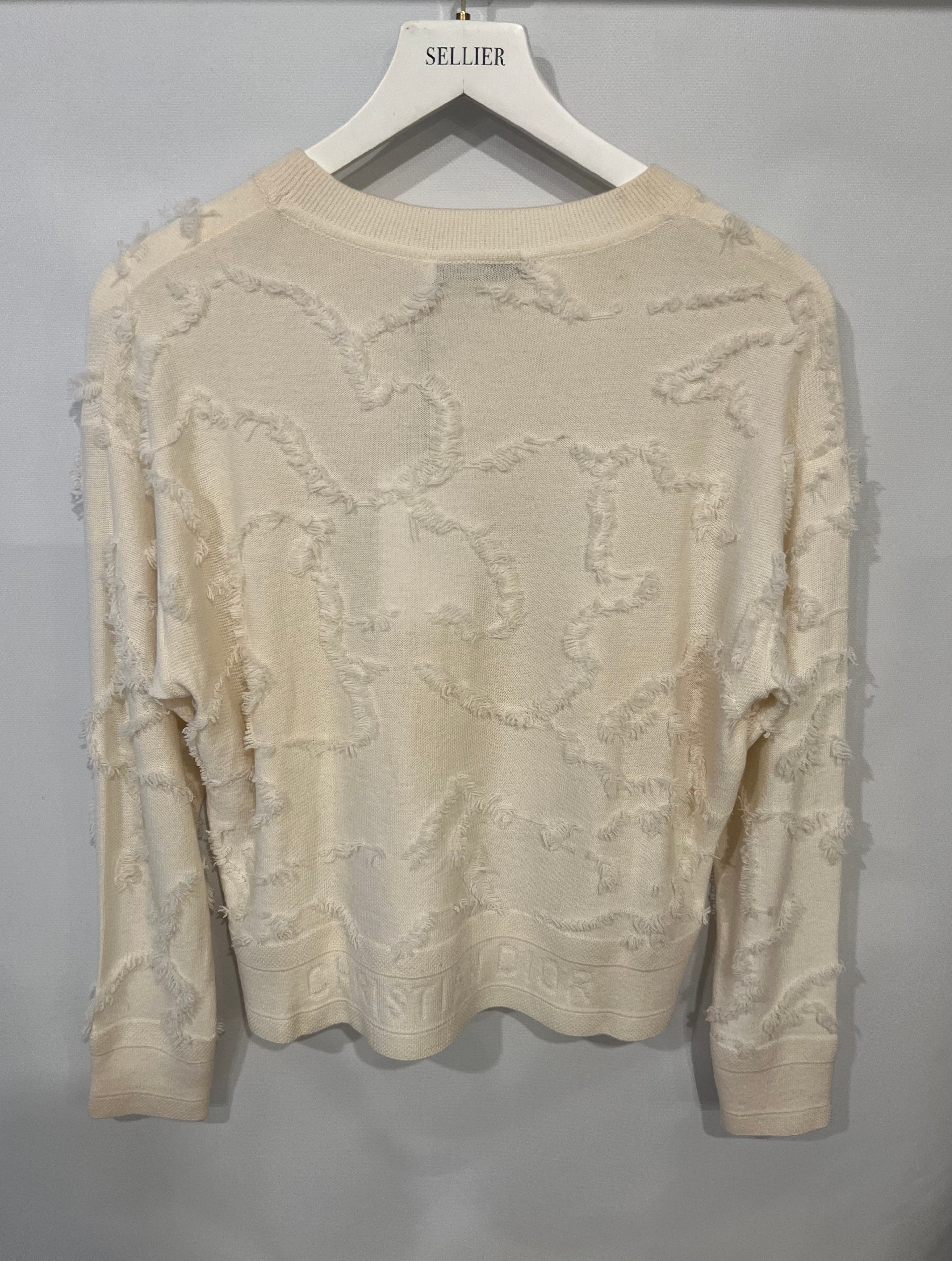 Christian Dior Cream Cashmere Jumper with Back Logo and Frayed Textured Details Size FR 34 (UK 6)