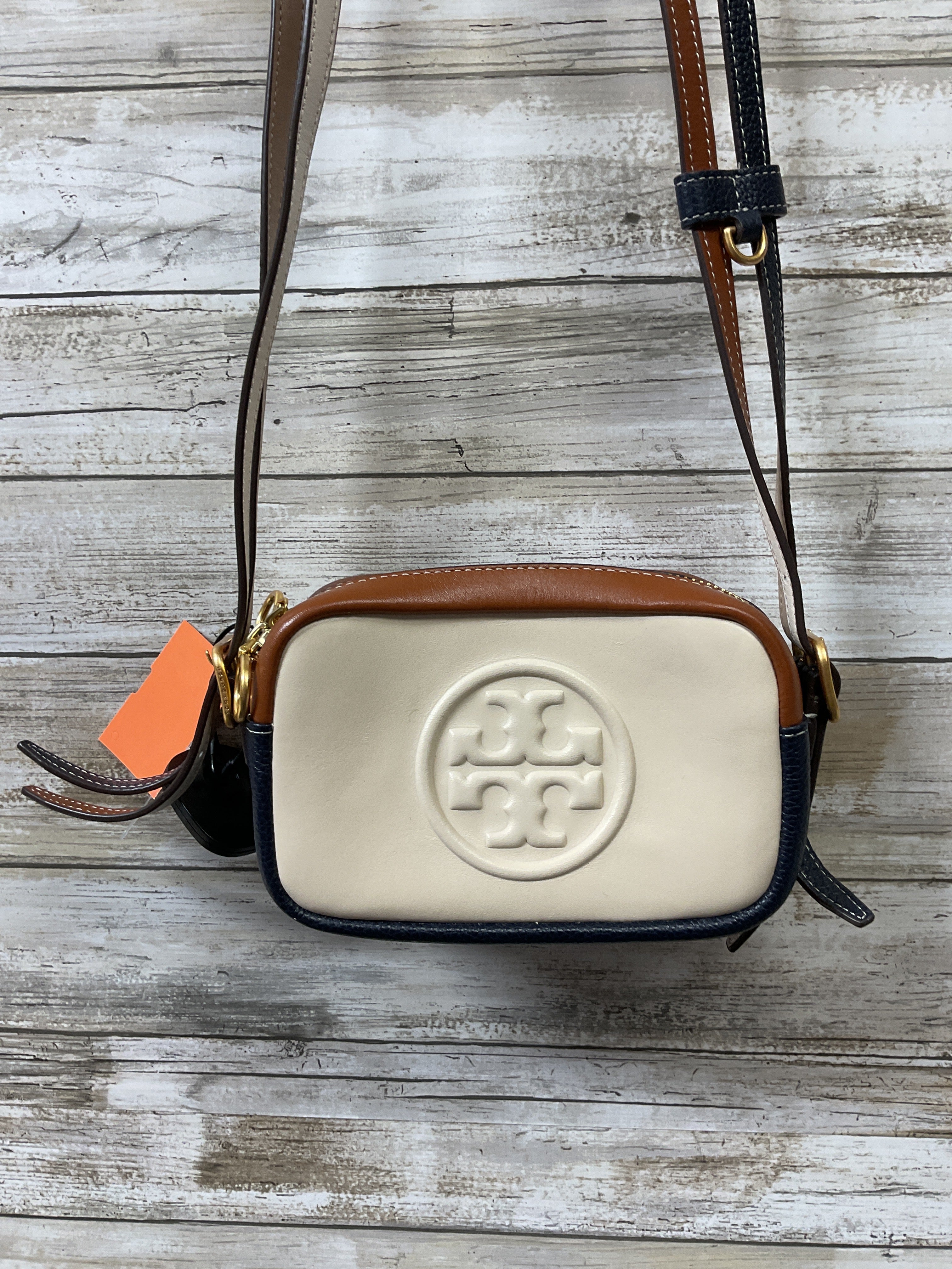 Crossbody Designer By Tory Burch In Brown & Cream, Size:Small