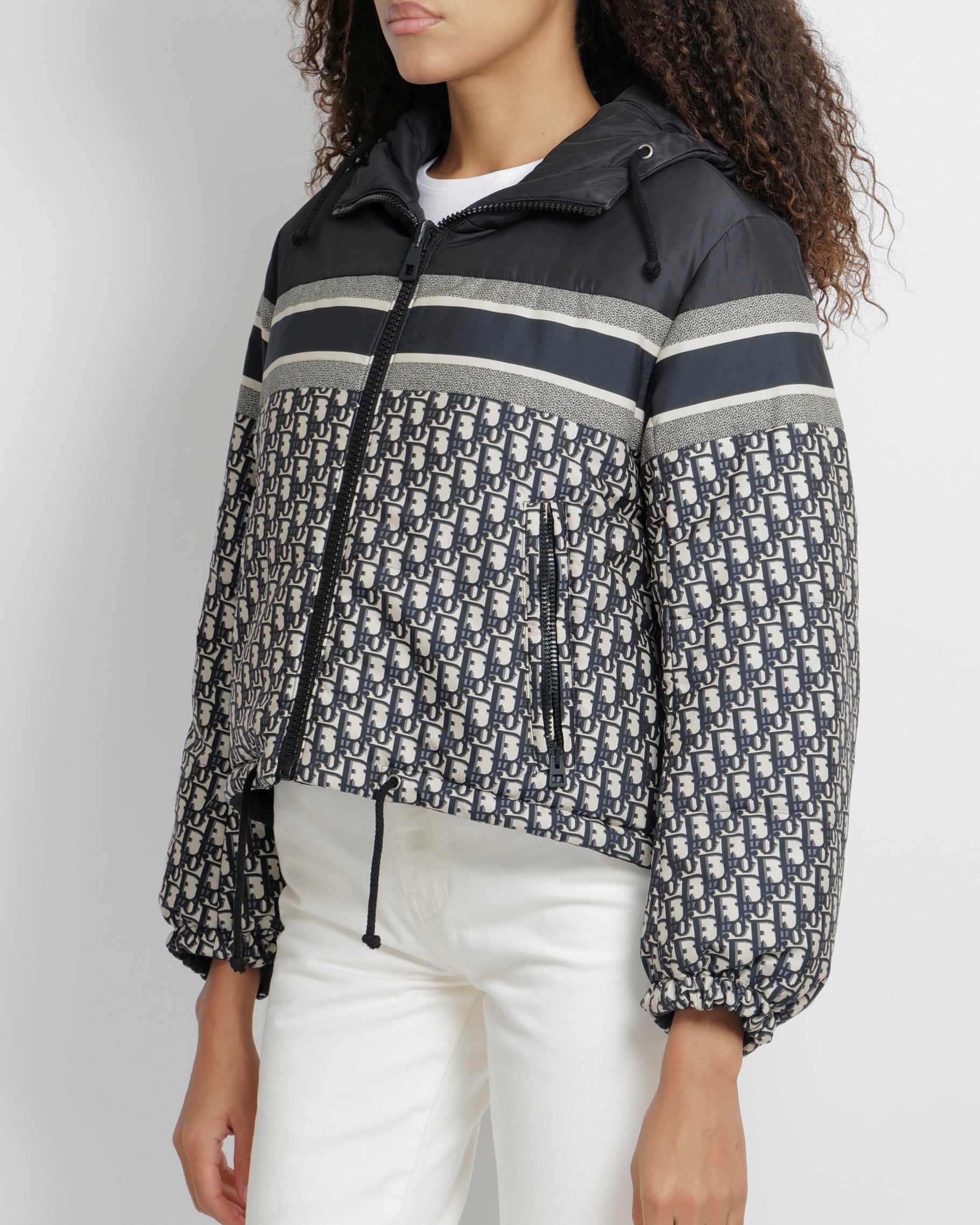 Christian Dior Navy and Ecru Cropped Reversible Puffer Jacket with Oblique Logo Pattern and Back Logo Size XS (UK 6) RRP £4,500
