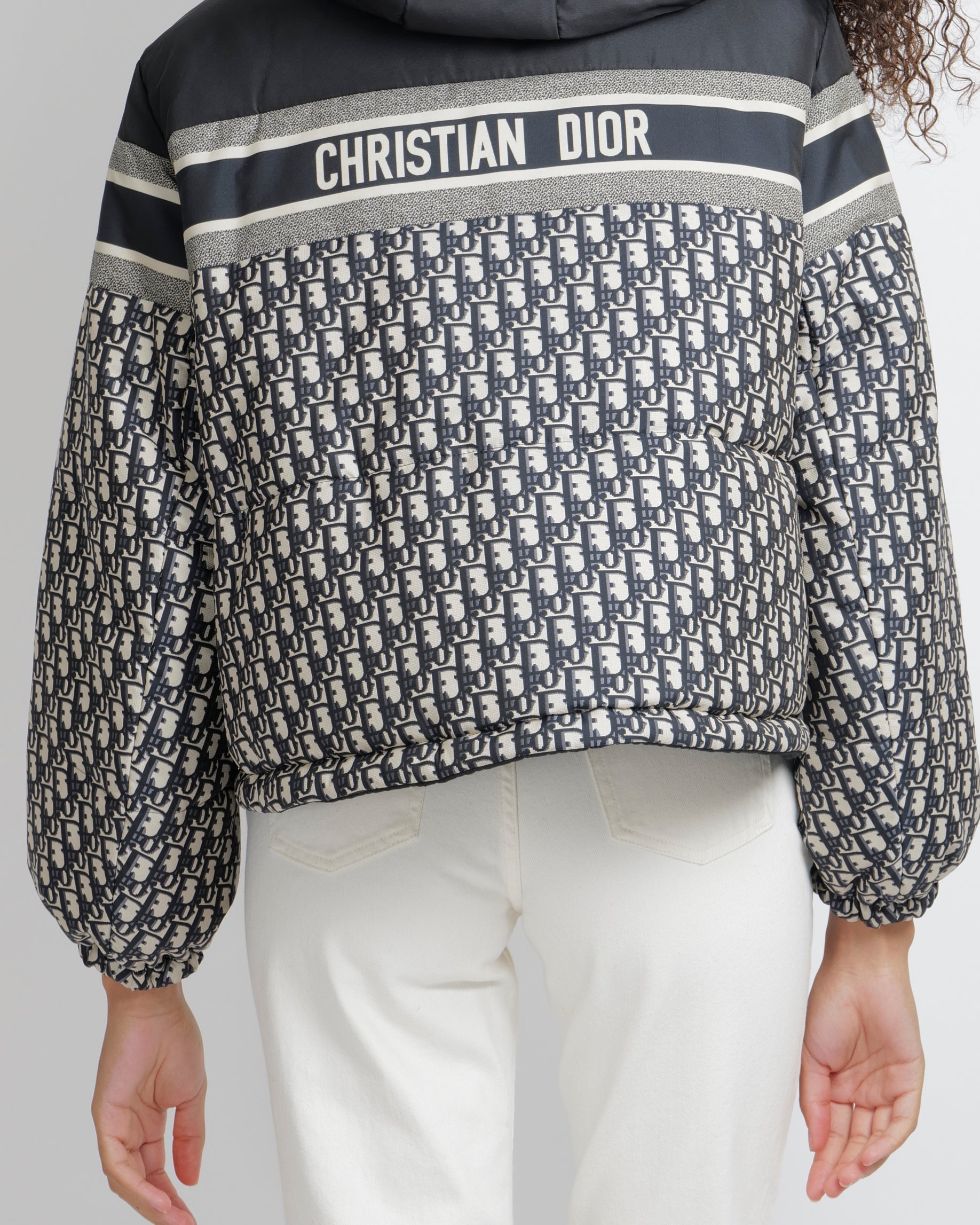 Christian Dior Navy and Ecru Cropped Reversible Puffer Jacket with Oblique Logo Pattern and Back Logo Size XS (UK 6) RRP £4,500
