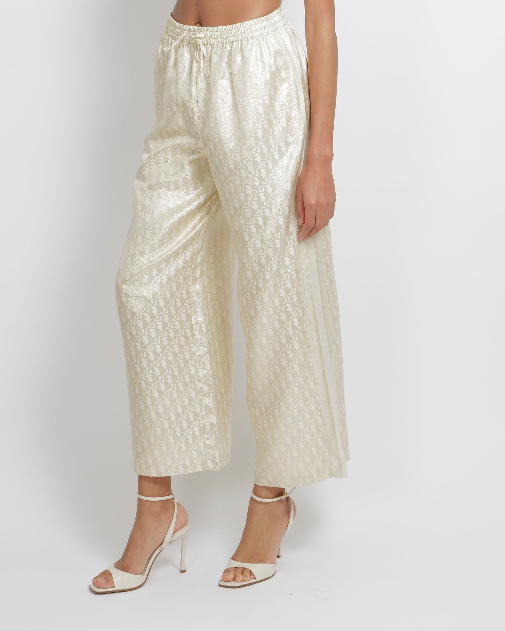 Christian Dior White and Gold Silk-Twill Or Trousers with Oblique Logo Print Size FR 36 (UK 8) RRP £1,900