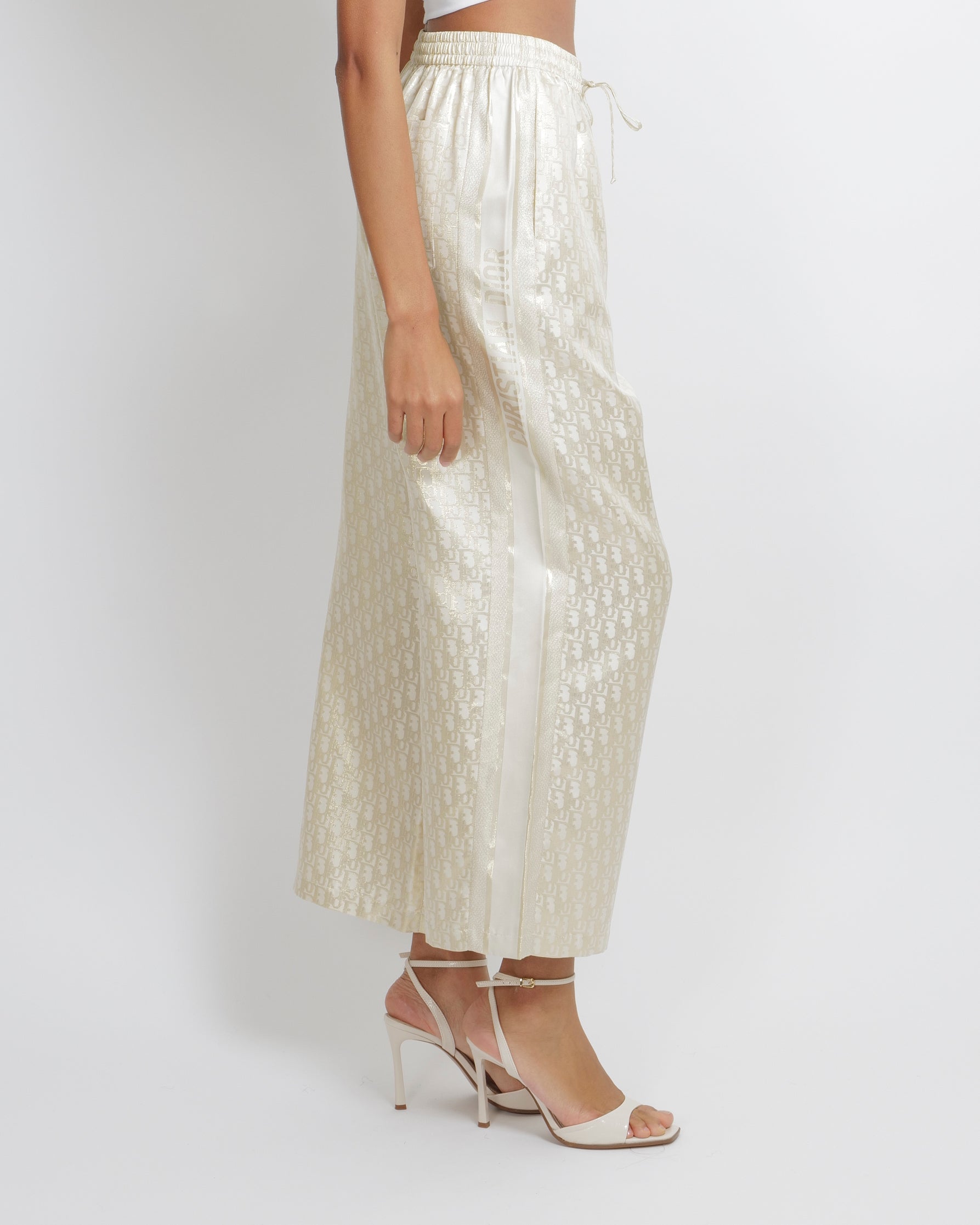 Christian Dior White and Gold Silk-Twill Or Trousers with Oblique Logo Print Size FR 36 (UK 8) RRP £1,900