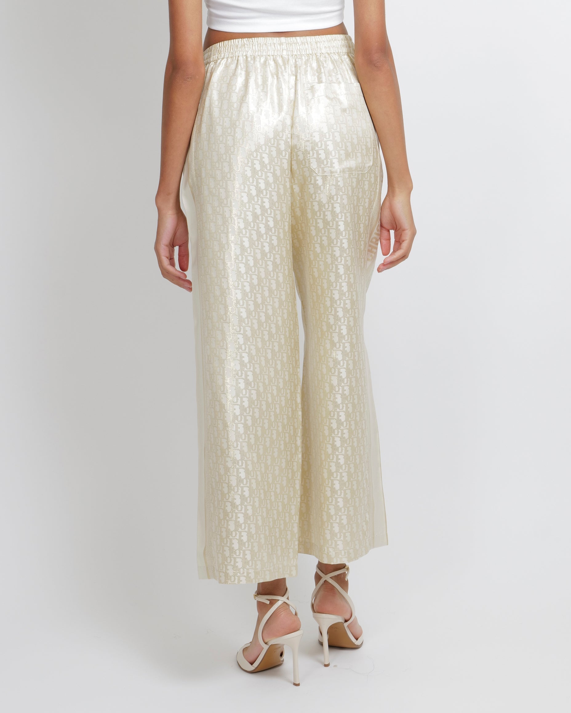 Christian Dior White and Gold Silk-Twill Or Trousers with Oblique Logo Print Size FR 36 (UK 8) RRP £1,900