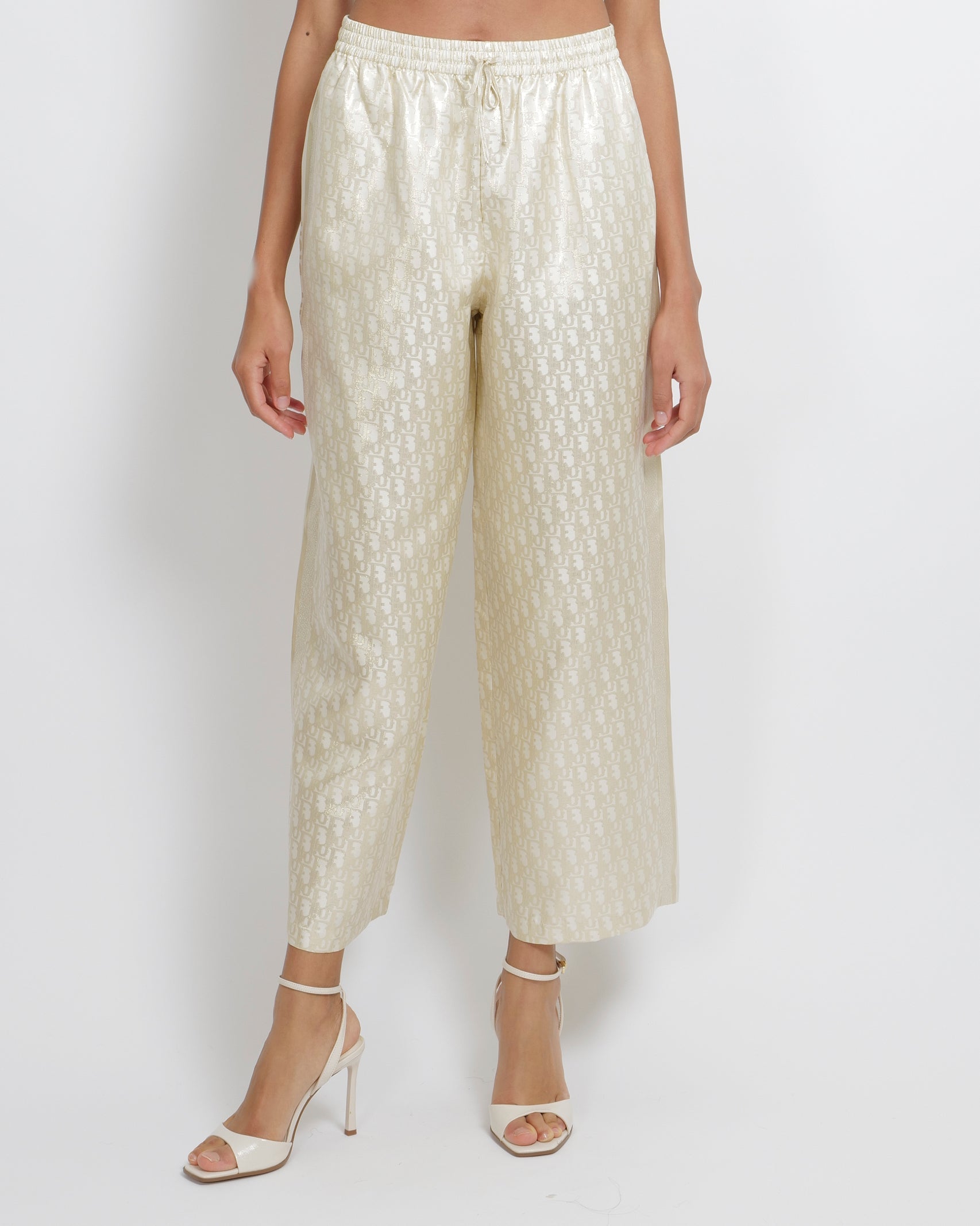 Christian Dior White and Gold Silk-Twill Or Trousers with Oblique Logo Print Size FR 36 (UK 8) RRP £1,900