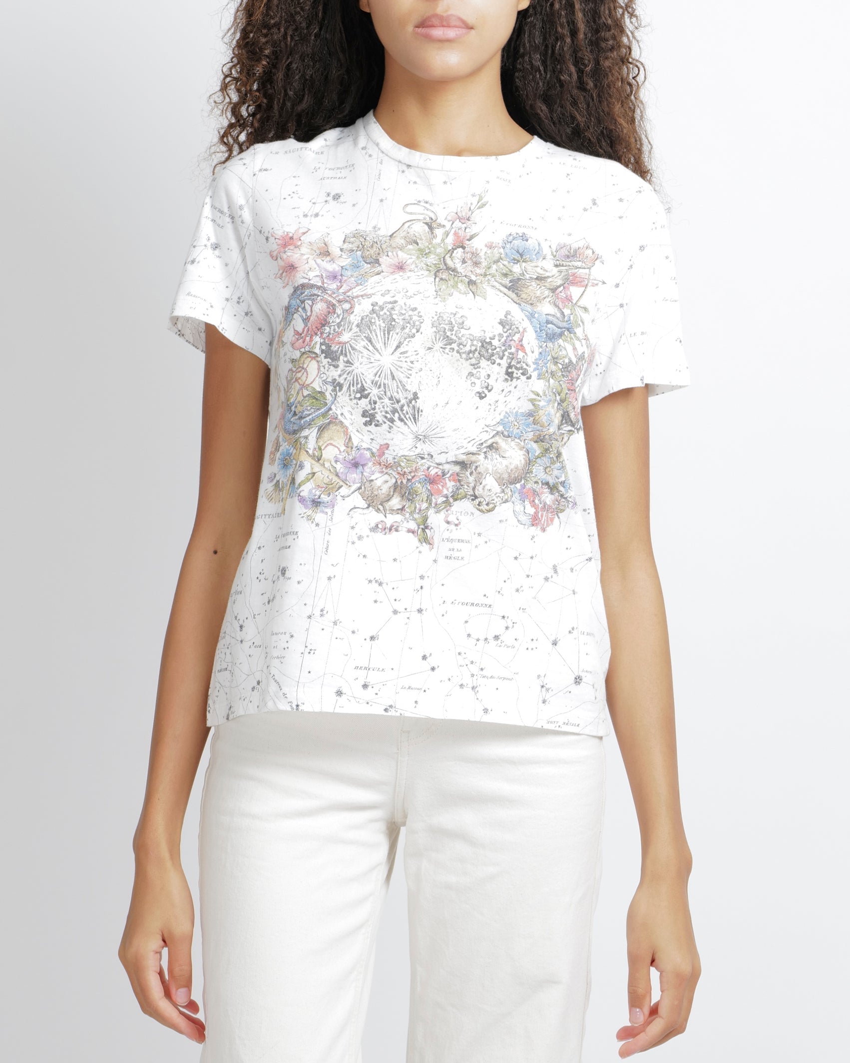 Christian Dior White Short-Sleeved Constellation T-Shirt with Multi-Colour Floral Print and Back Logo Detail Size M (UK 10)