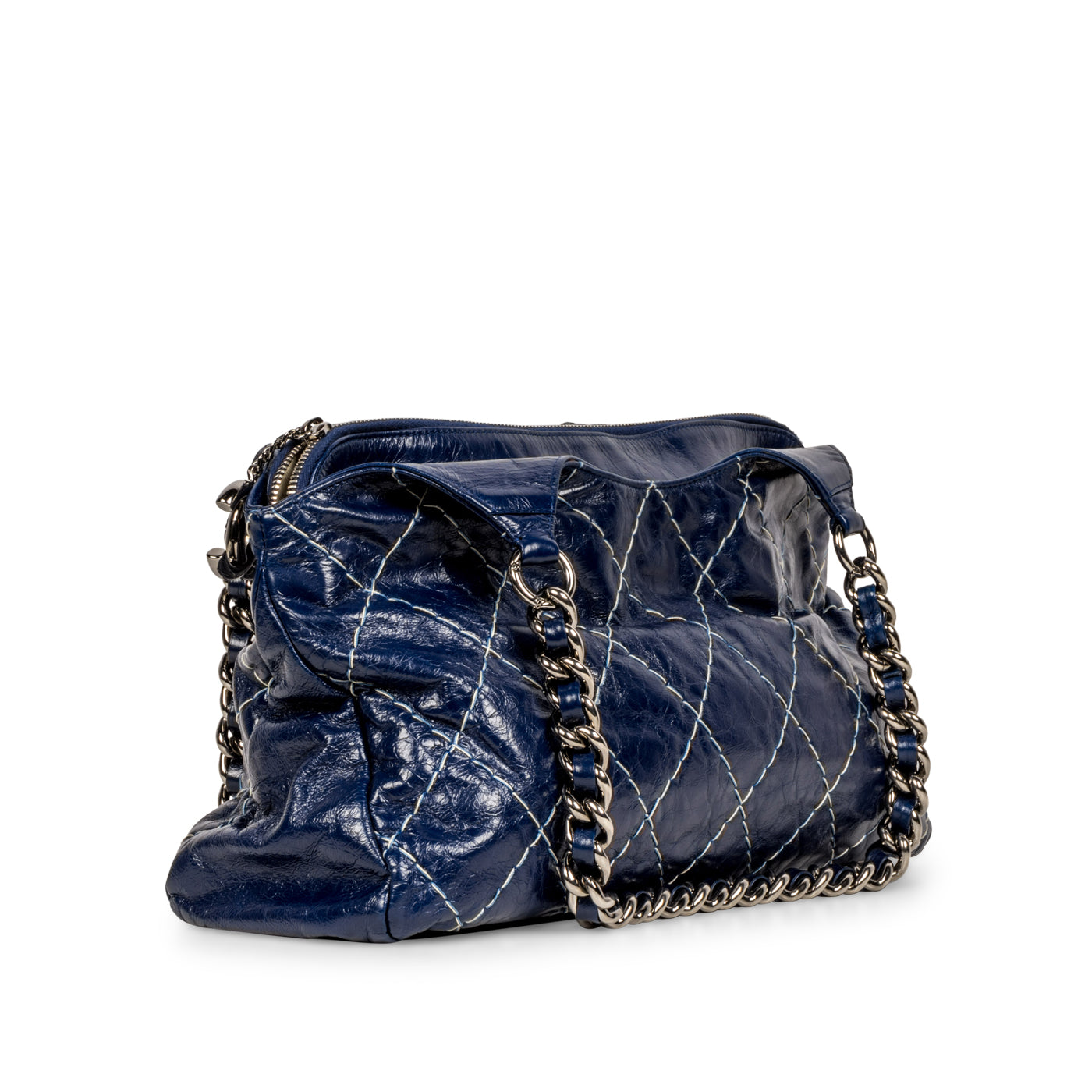 Blue Patent White Stitch Tote