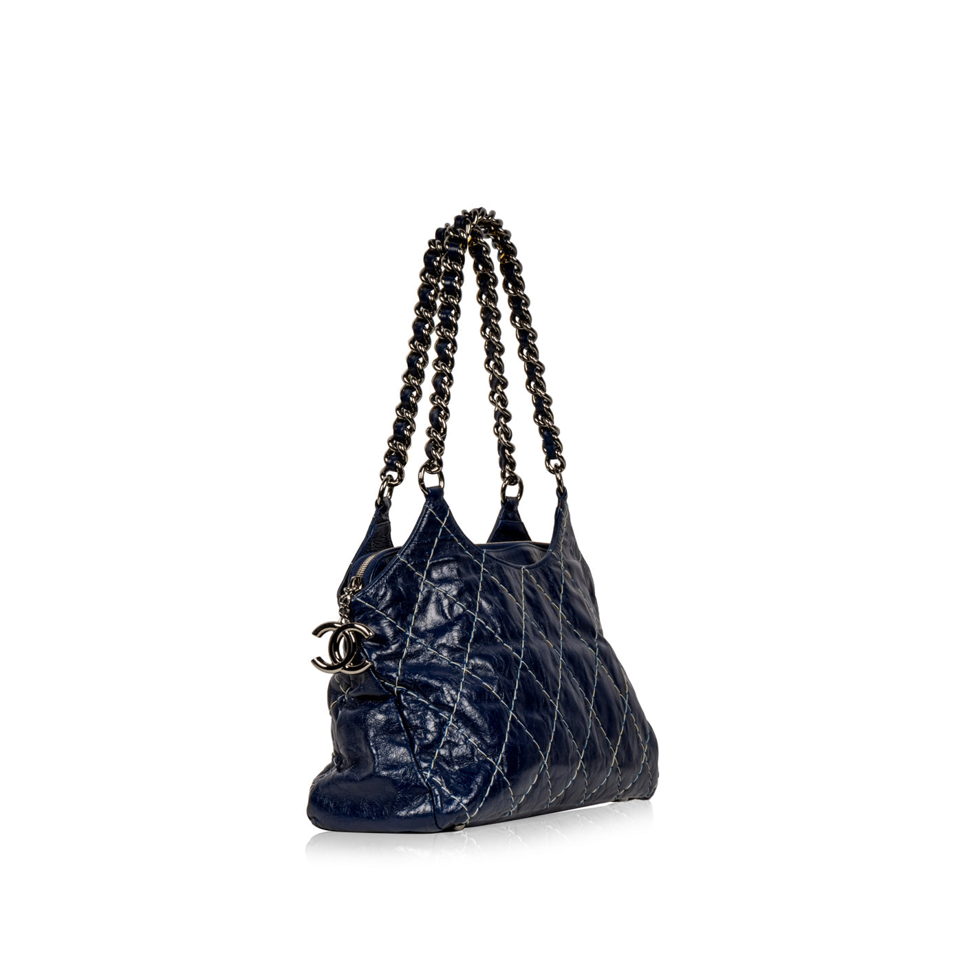 Blue Patent White Stitch Tote