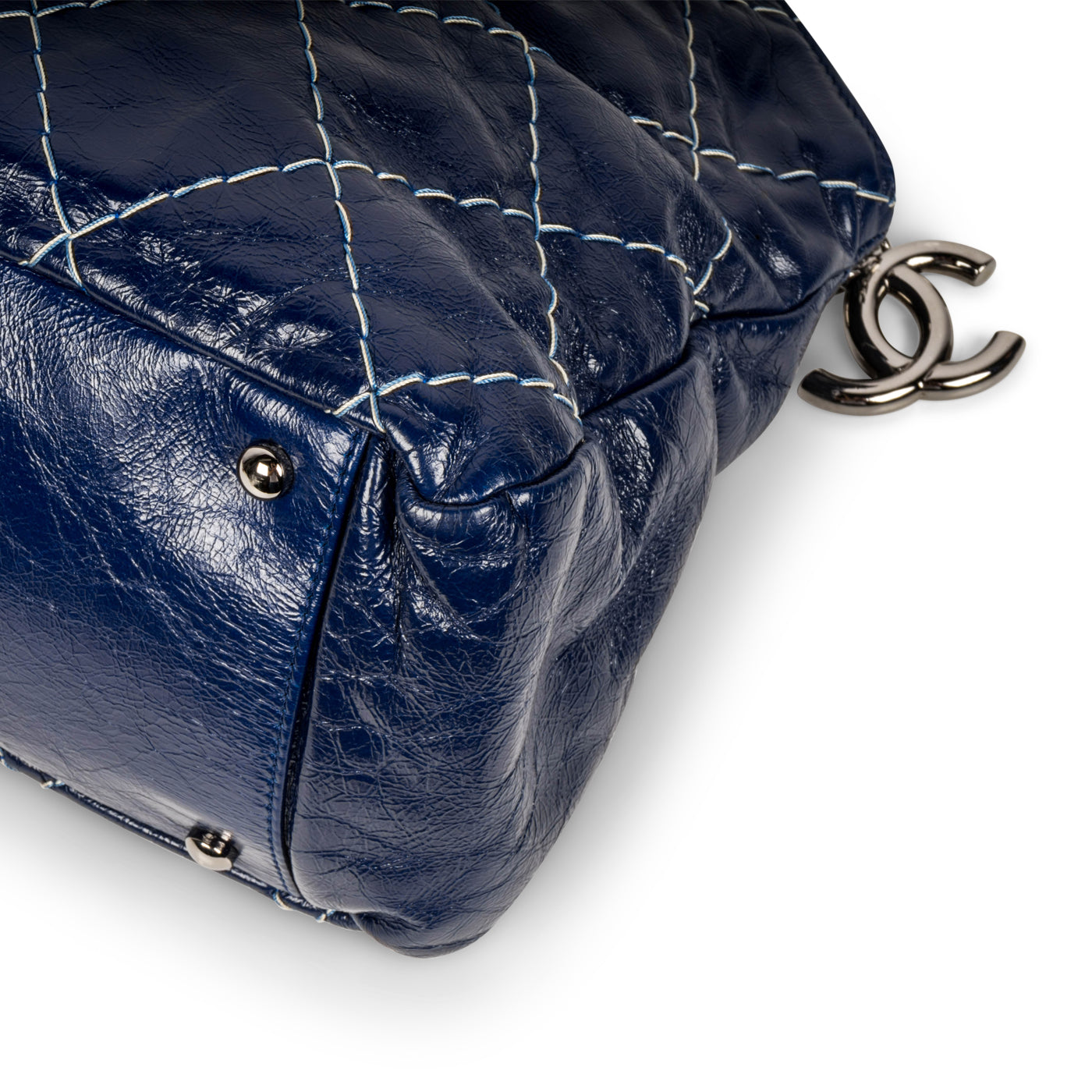 Blue Patent White Stitch Tote