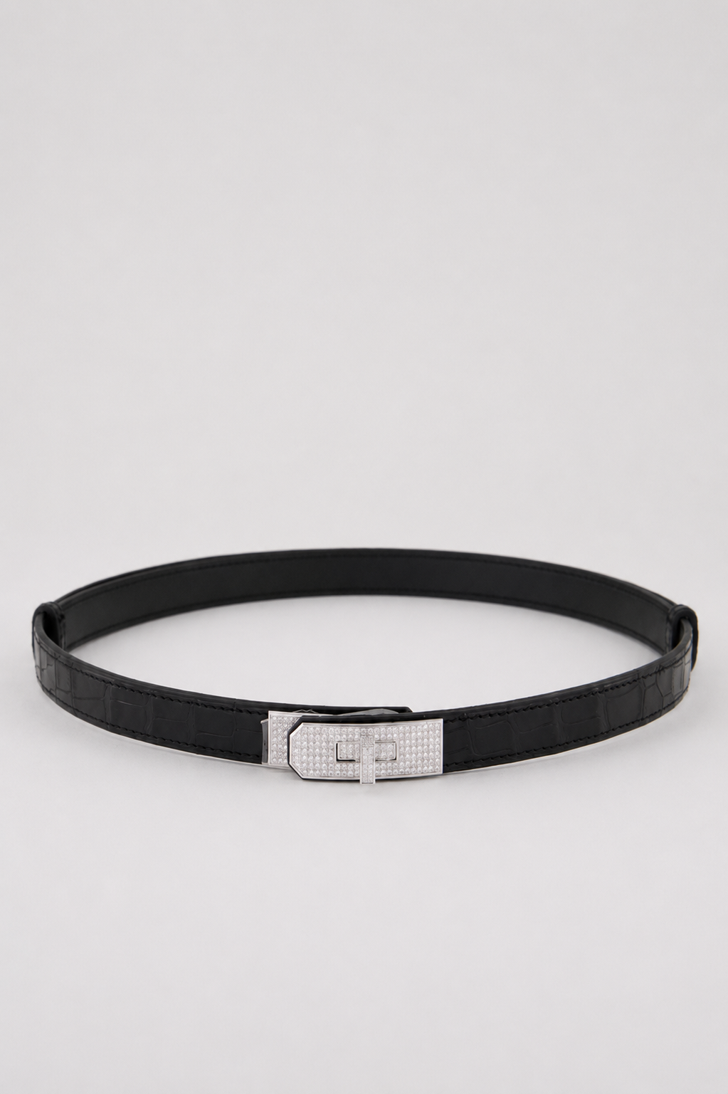 Hermès Kelly-To-Go Belt in Noir Matte Mississippiensis Alligator Leather and Diamond White Gold Hardware
