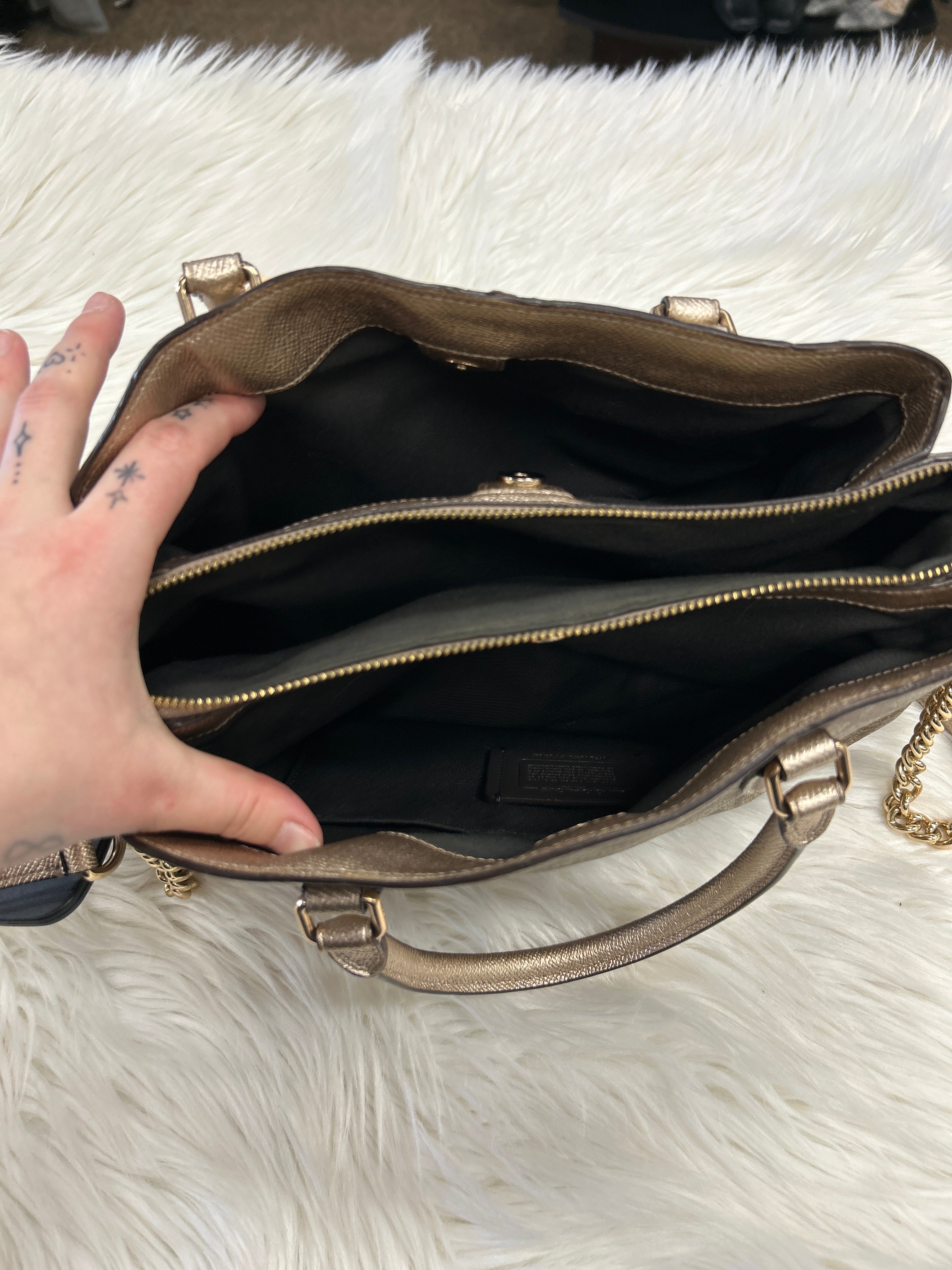 Handbag Designer By Coach In Brown & Gold, Size:Medium