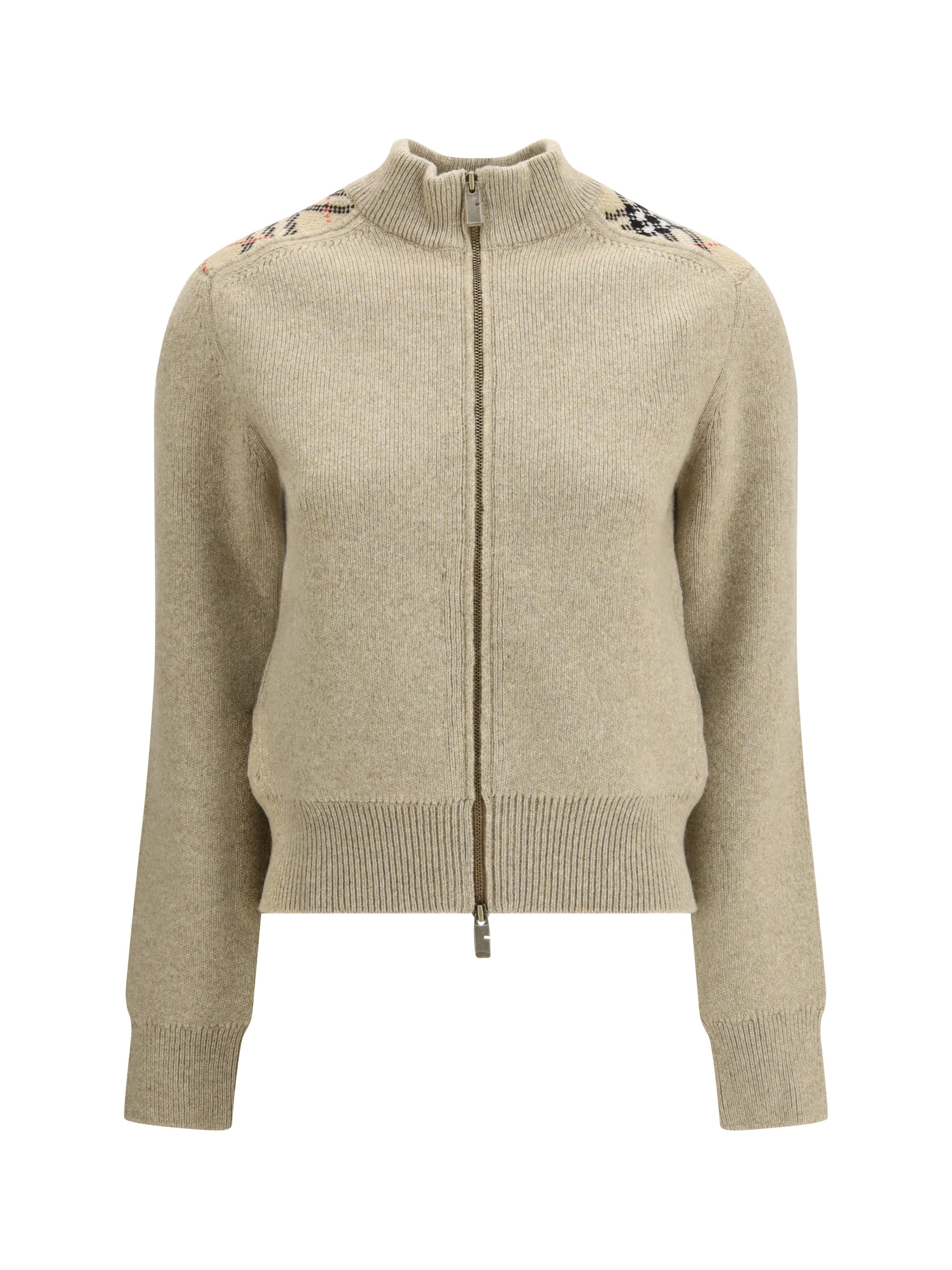 cashmere and wool cardigan with check applications