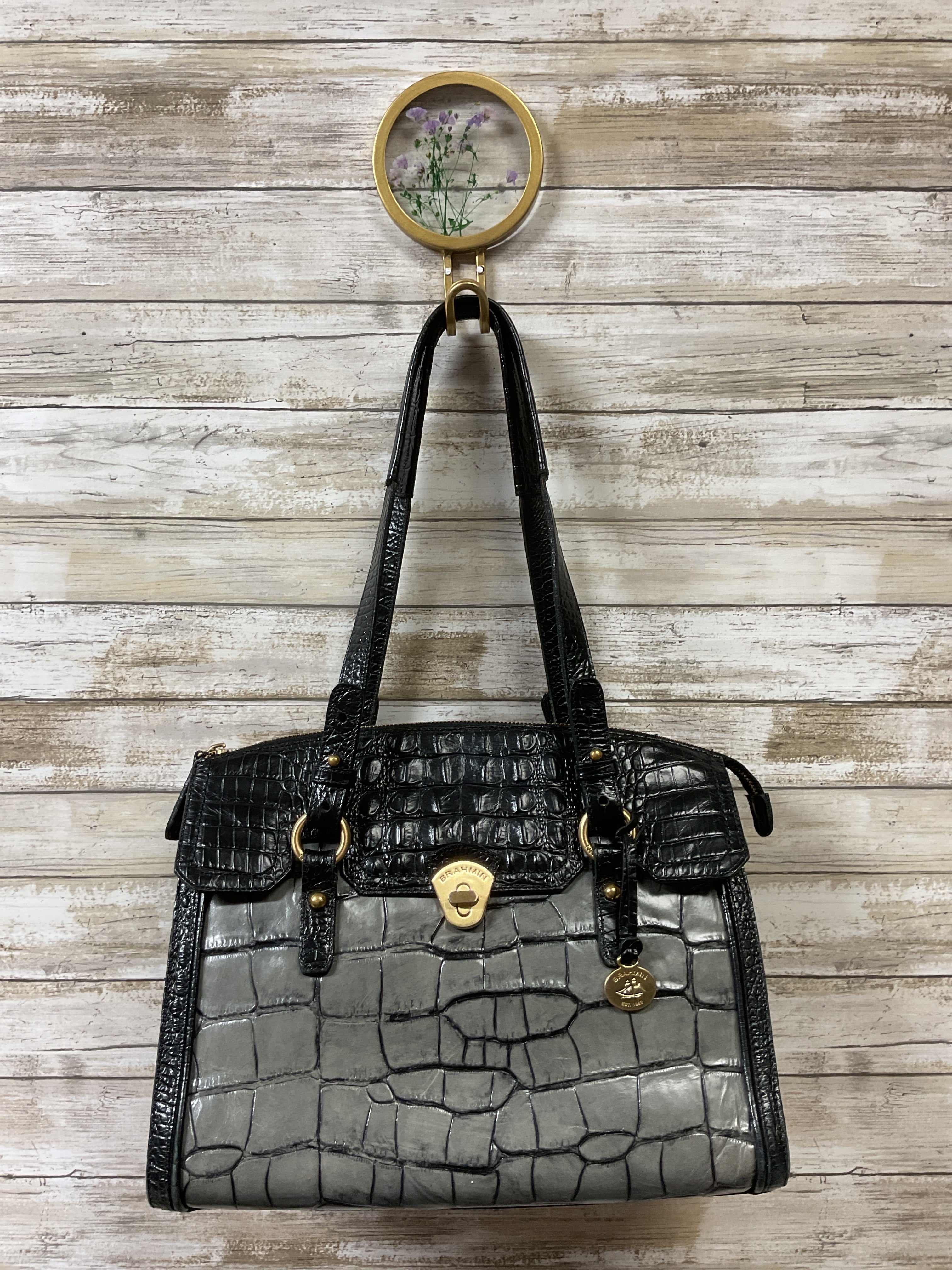 Handbag Designer By Brahmin In Black & Grey, Size:Medium