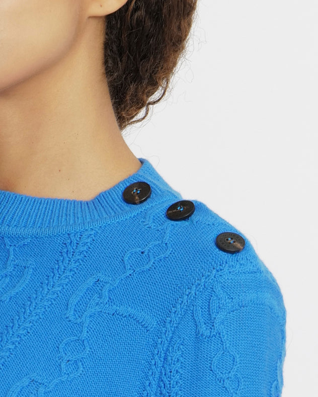 Hermès Blue Wool Knitted Jumper with Brown Logo Buttons Size FR 36 (UK 8)