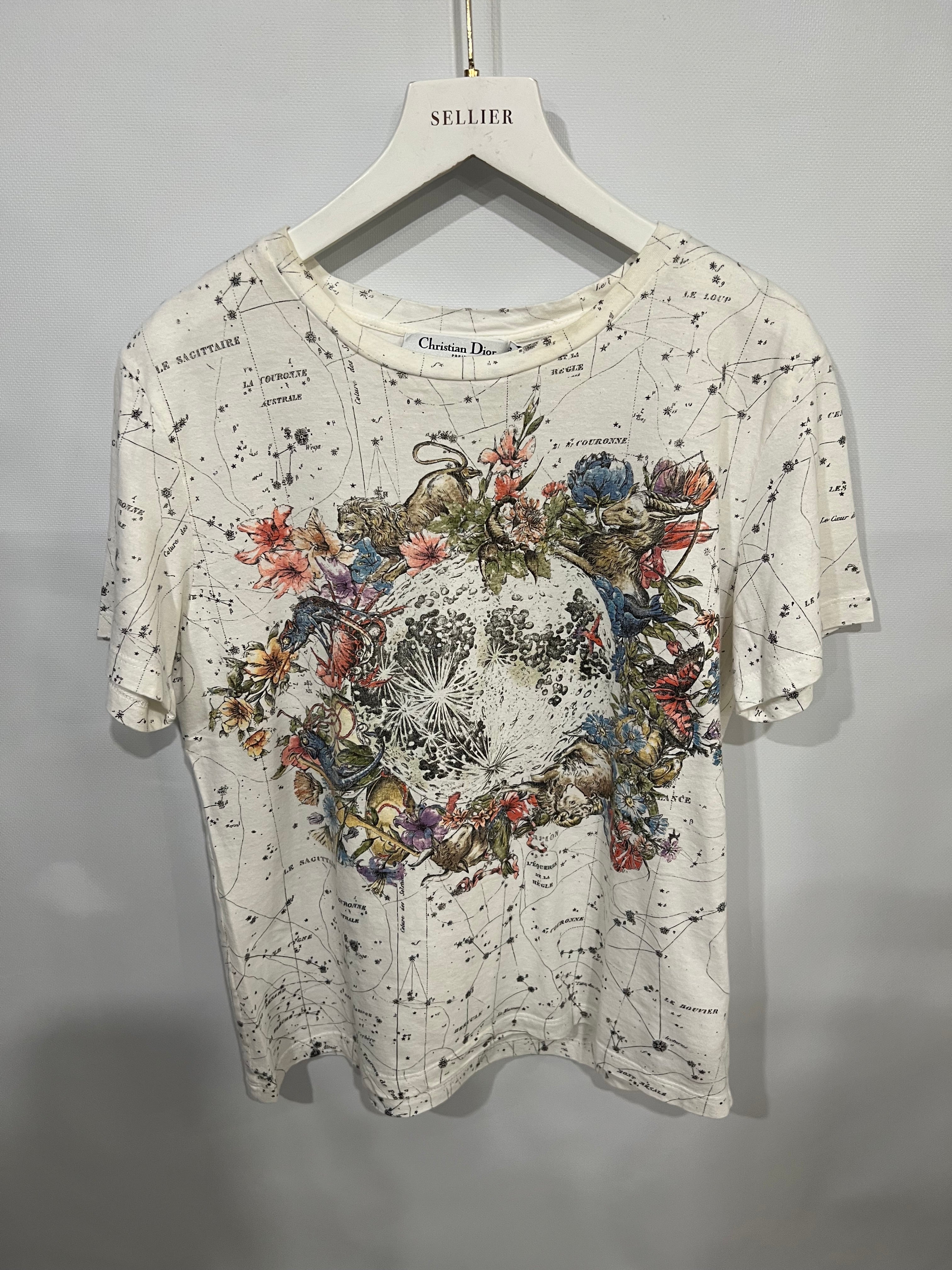 Christian Dior White Short-Sleeved Constellation T-Shirt with Multi-Colour Floral Print and Back Logo Detail Size M (UK 10)