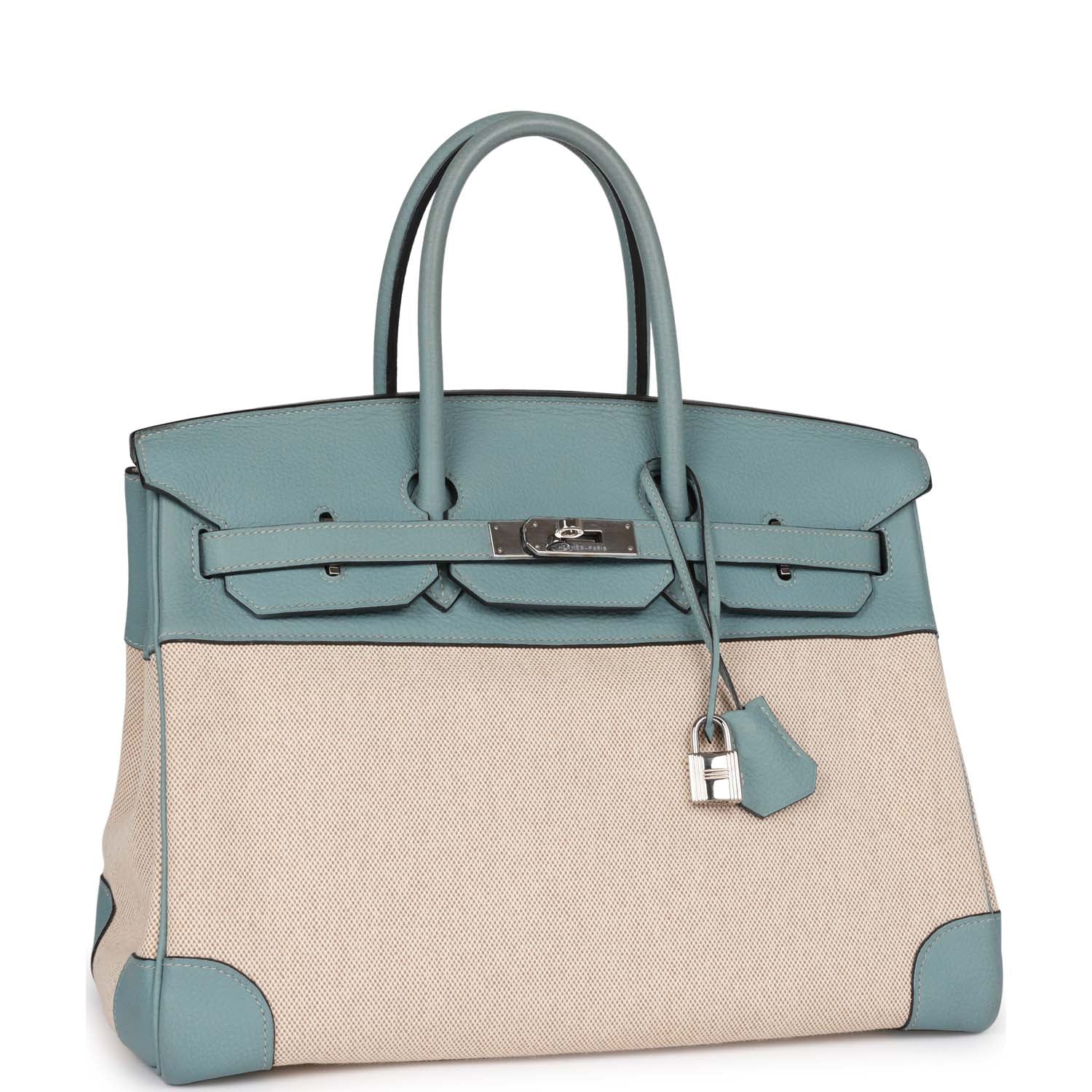 Pre-owned Hermes Birkin 35 Ciel Clemence and Ecru-Beige Toile H Palladium Hardware