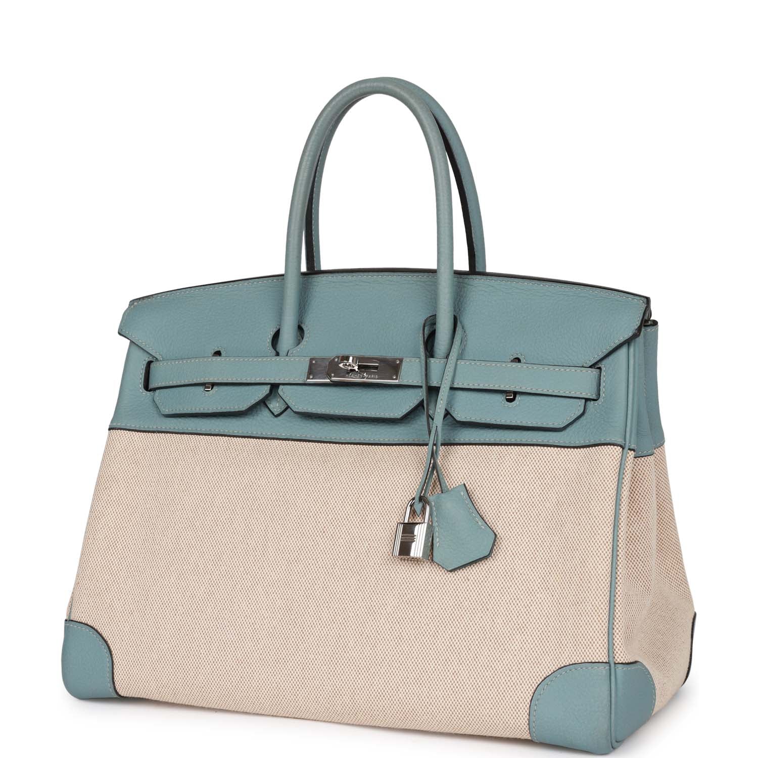 Pre-owned Hermes Birkin 35 Ciel Clemence and Ecru-Beige Toile H Palladium Hardware