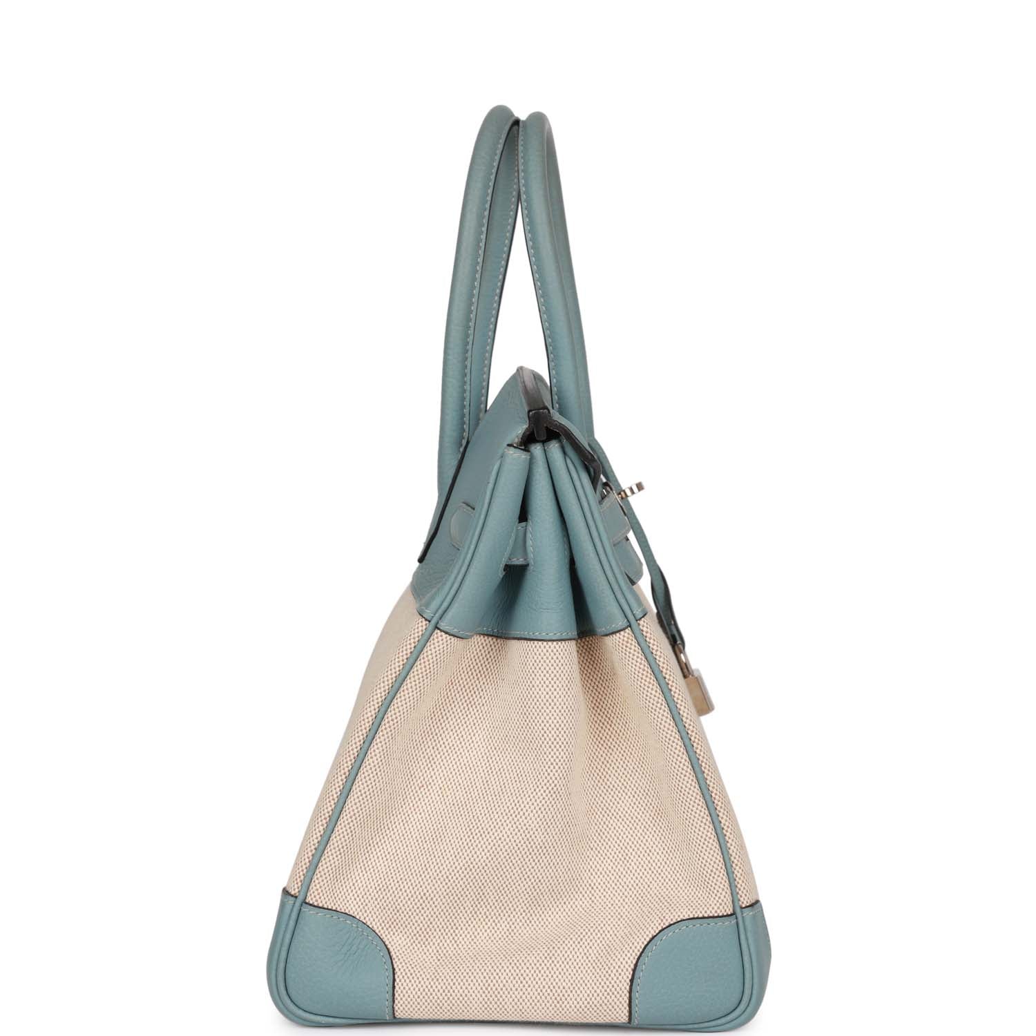 Pre-owned Hermes Birkin 35 Ciel Clemence and Ecru-Beige Toile H Palladium Hardware