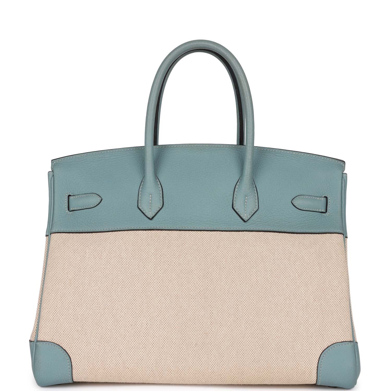 Pre-owned Hermes Birkin 35 Ciel Clemence and Ecru-Beige Toile H Palladium Hardware
