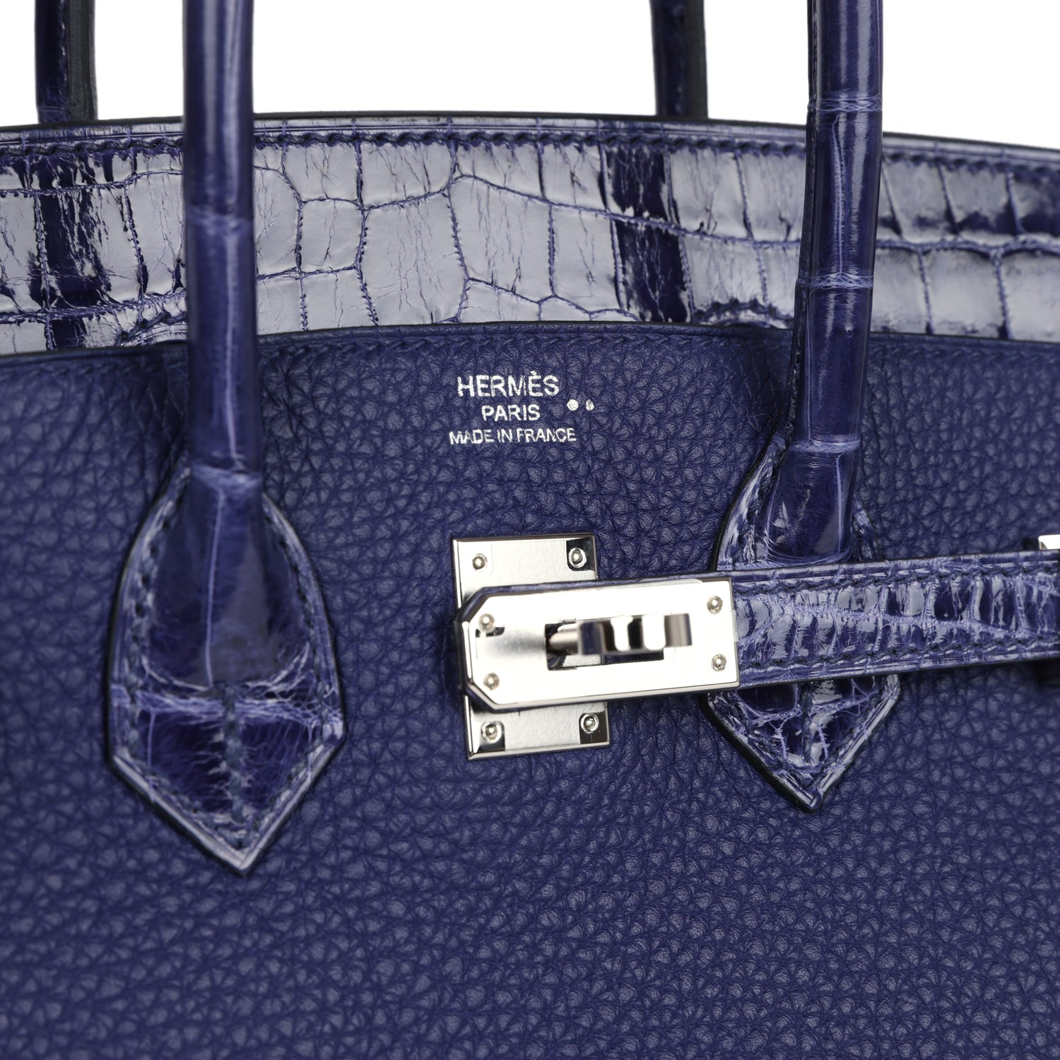 Pre-owned Hermes Birkin 25 Touch Bleu Encre Togo and Shiny Niloticus Crocodile Palladium Hardware