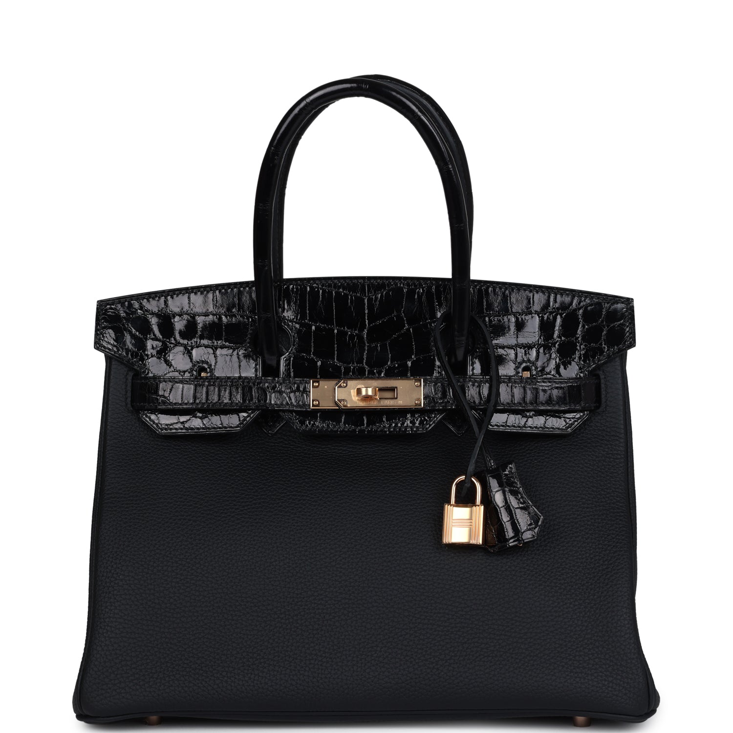 Hermes Birkin 30 Black Shiny Niloticus Crocodile and Togo Touch Rose Gold Hardware