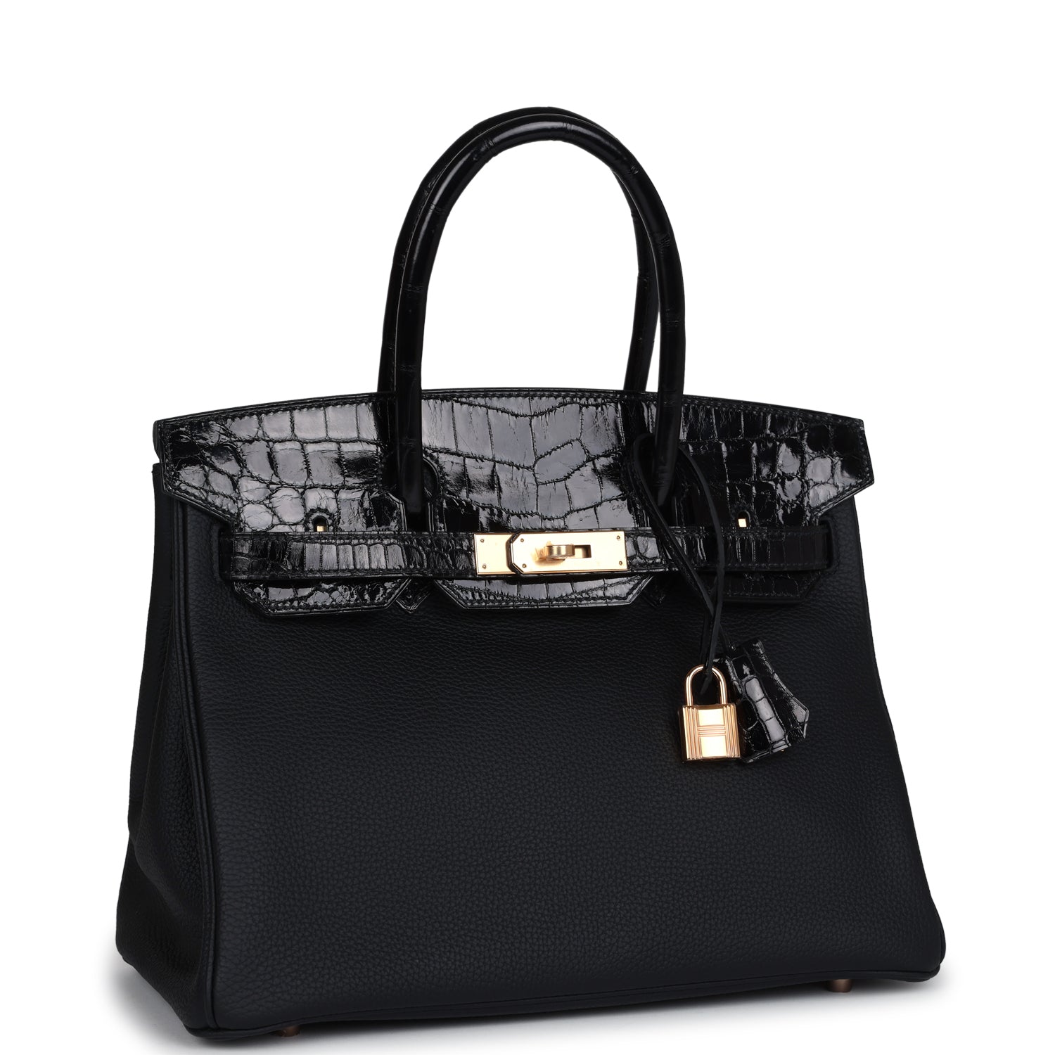 Hermes Birkin 30 Black Shiny Niloticus Crocodile and Togo Touch Rose Gold Hardware