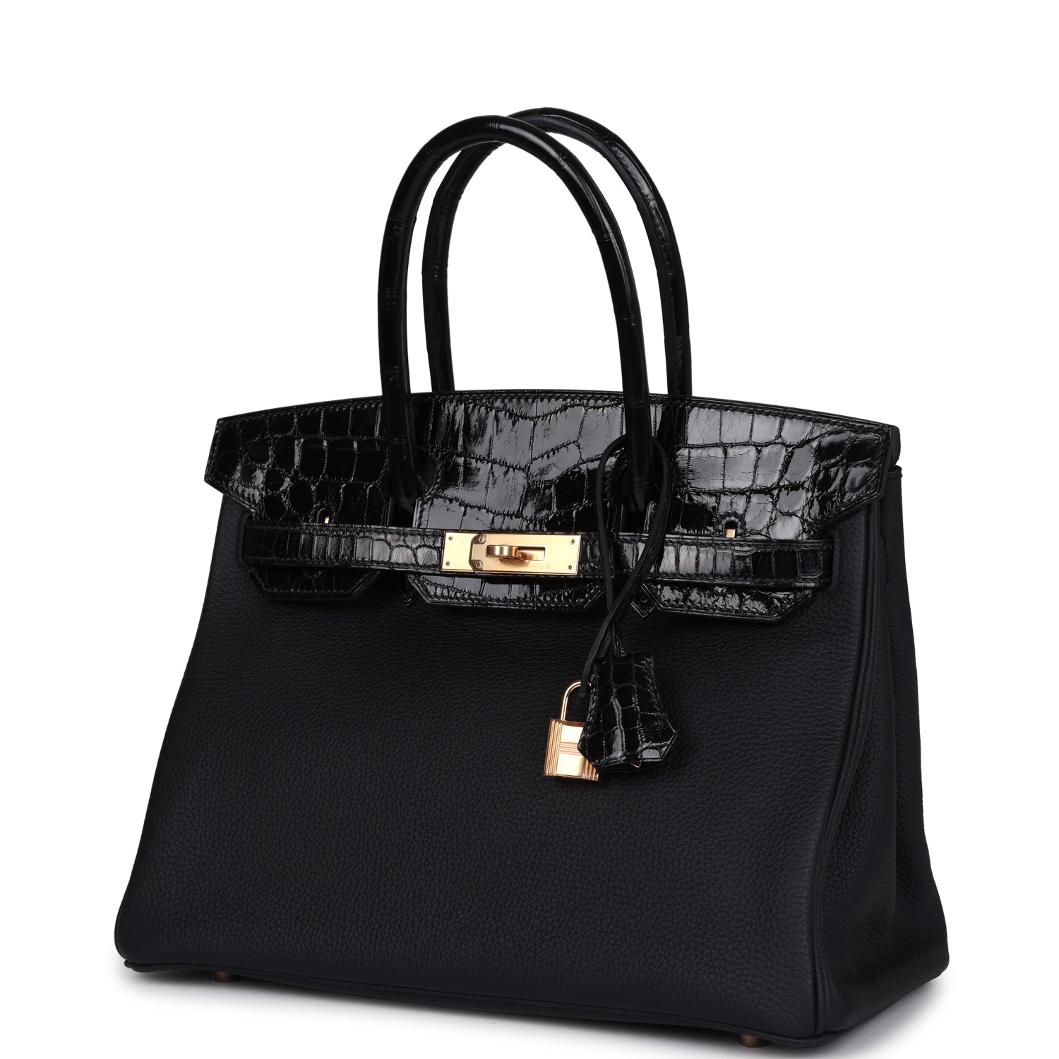 Hermes Birkin 30 Black Shiny Niloticus Crocodile and Togo Touch Rose Gold Hardware