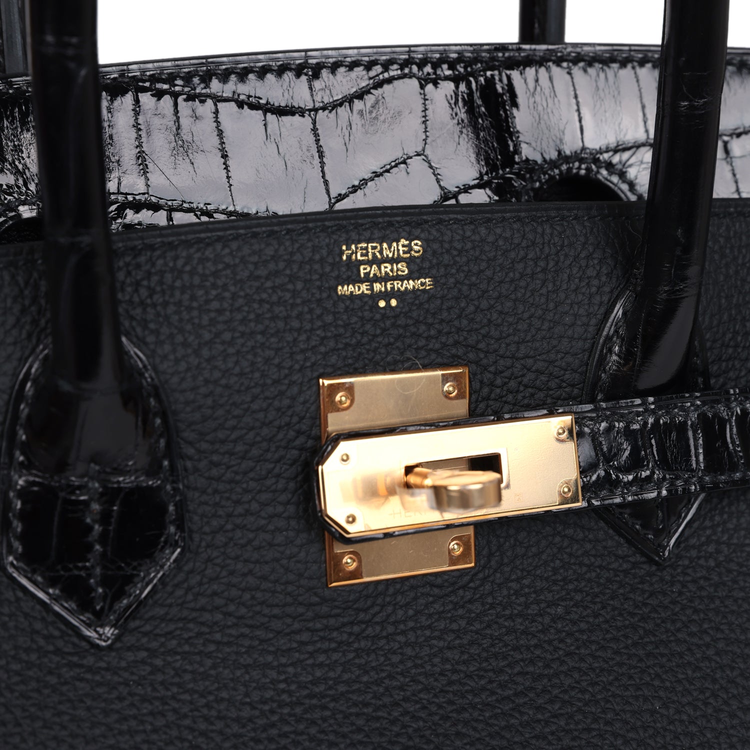 Hermes Birkin 30 Black Shiny Niloticus Crocodile and Togo Touch Rose Gold Hardware