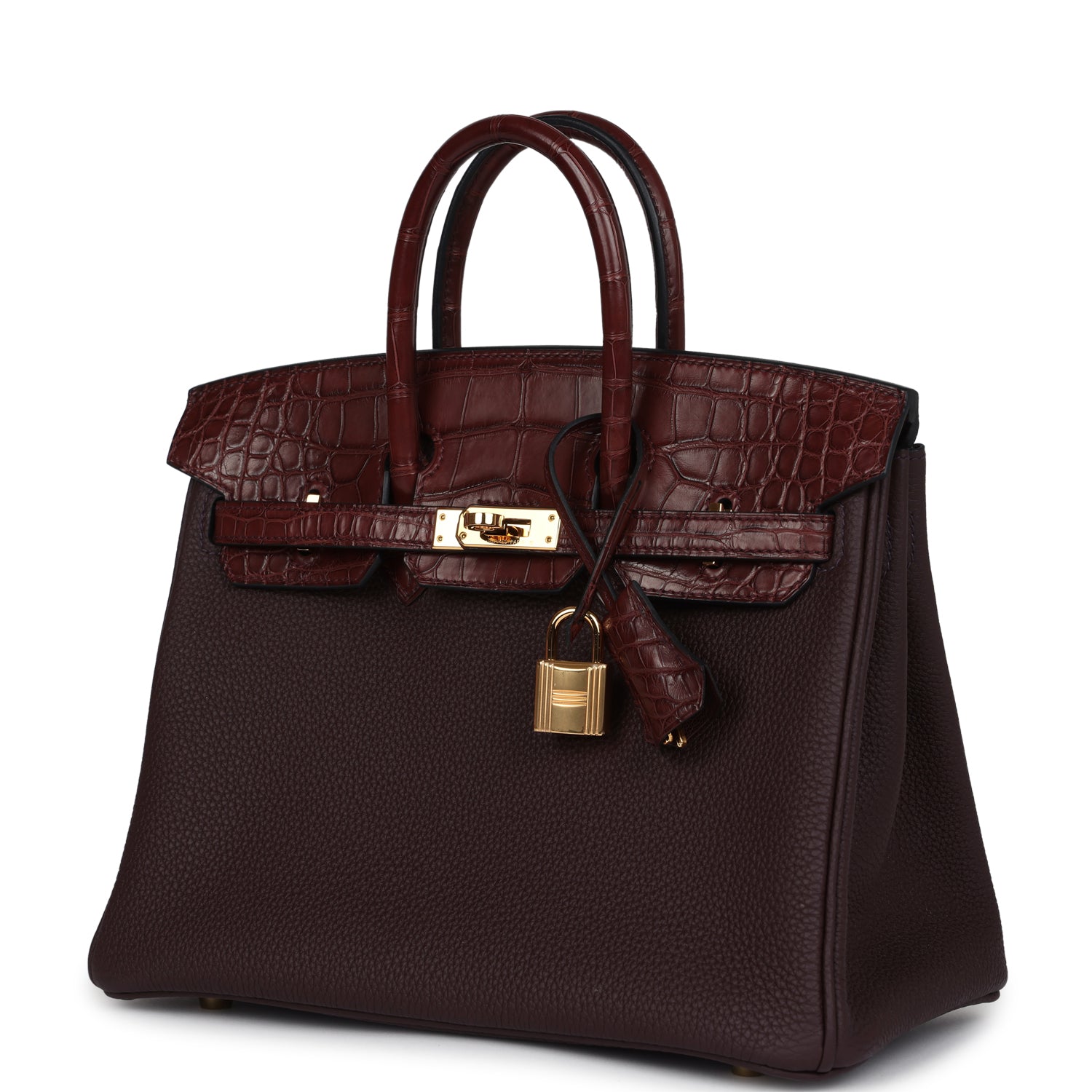 Pre-owned Hermes Birkin 25 Rouge Sellier Togo and Bourgogne Matte Alligator Touch Gold Hardware