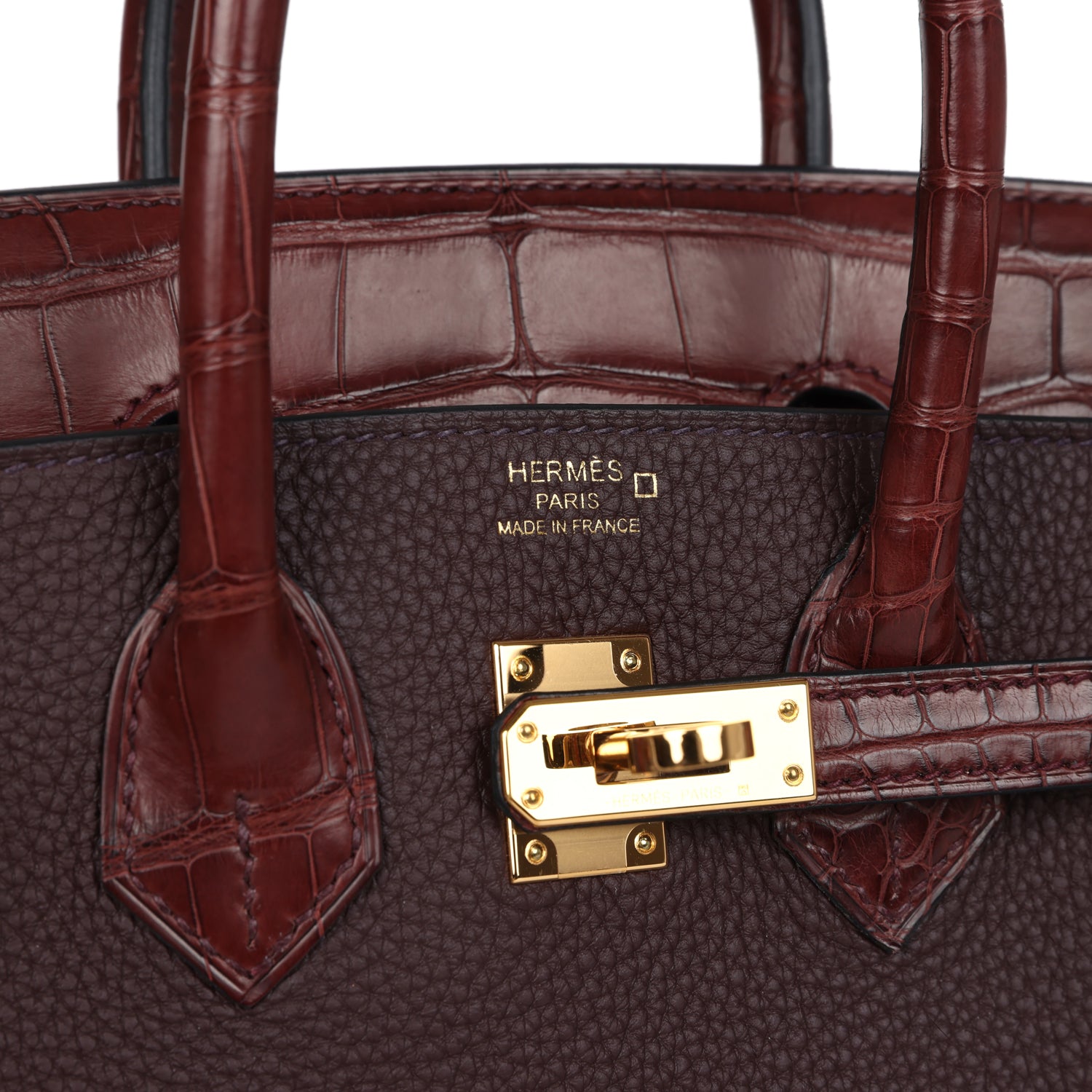Pre-owned Hermes Birkin 25 Rouge Sellier Togo and Bourgogne Matte Alligator Touch Gold Hardware
