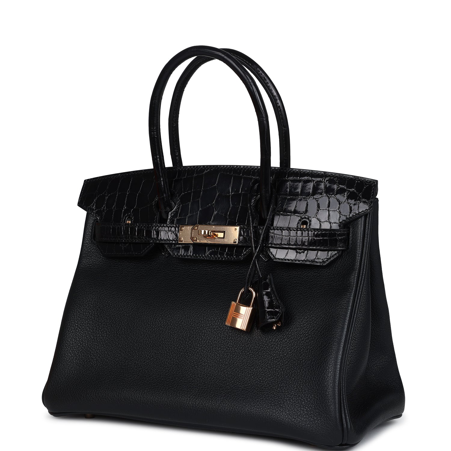 Pre-owned Hermes Birkin 30 Black Shiny Niloticus Crocodile and Novillo Touch Rose Gold Hardware