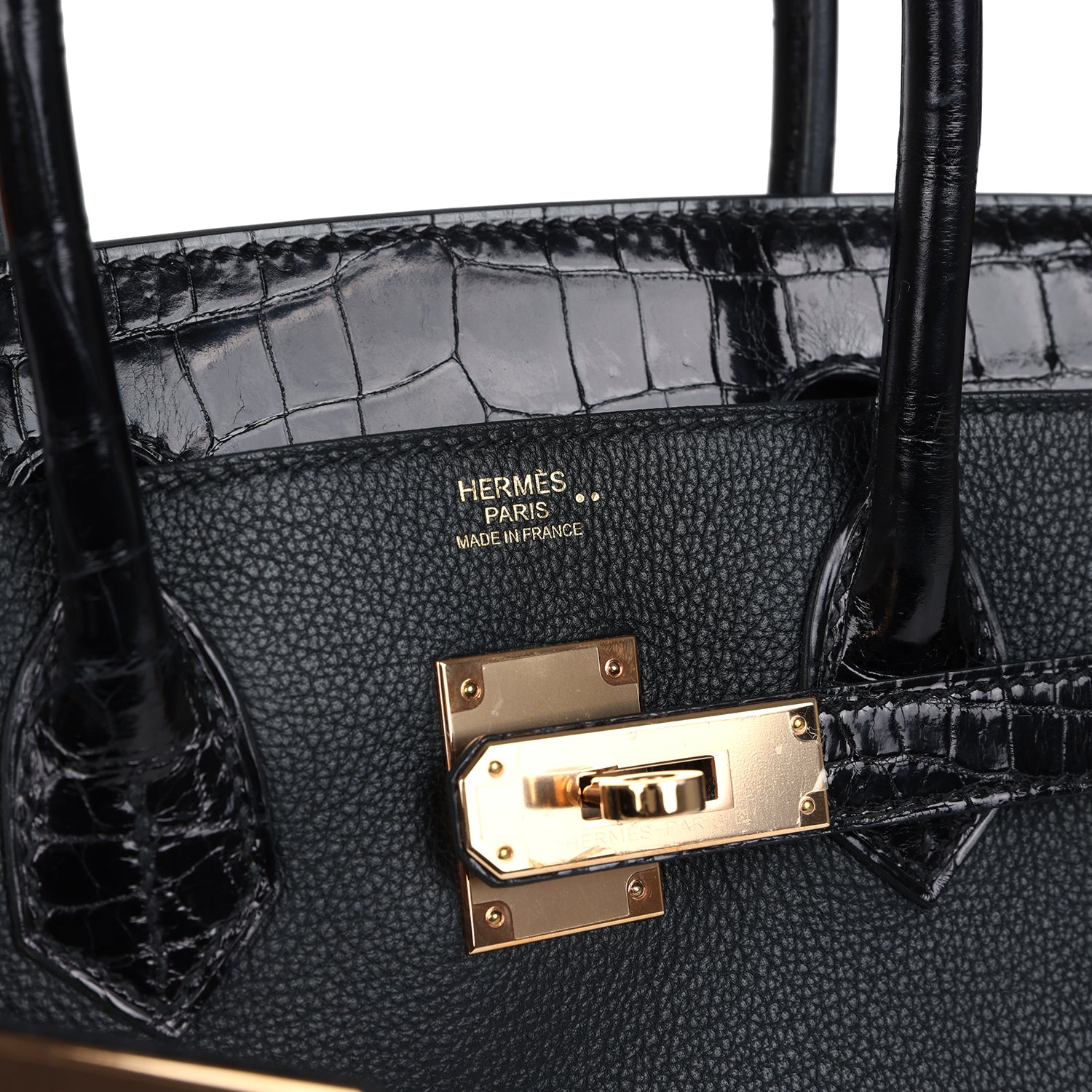 Pre-owned Hermes Birkin 30 Black Shiny Niloticus Crocodile and Novillo Touch Rose Gold Hardware