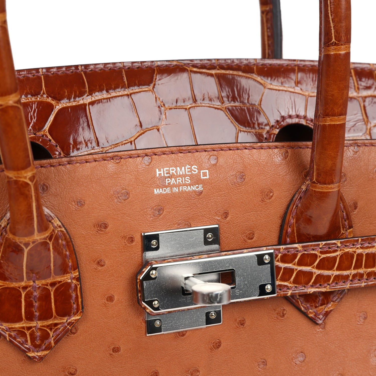 Hermes Birkin 30 Miel Shiny Alligator and Cognac Ostrich Touch Palladium Hardware