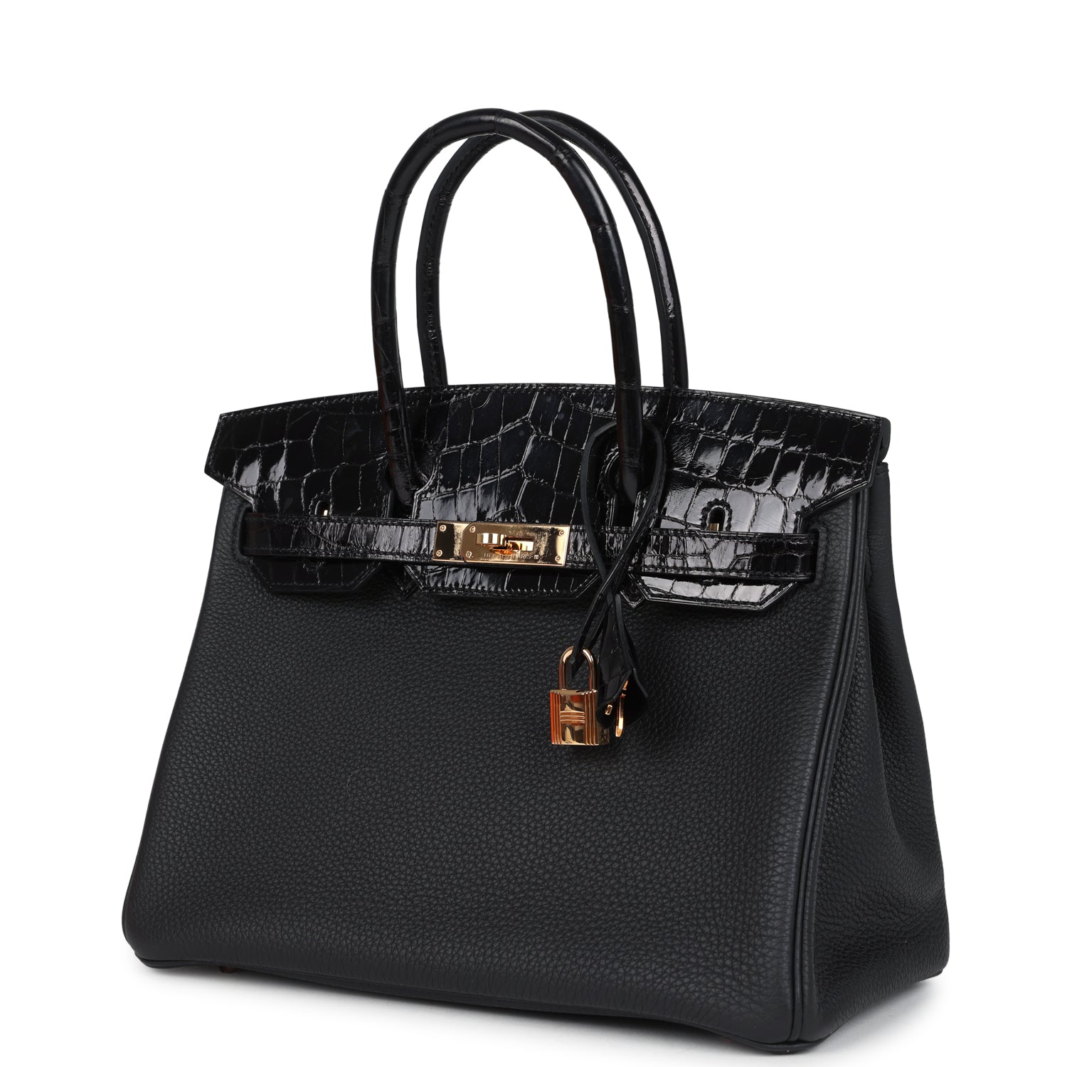 Pre-owned Hermes Birkin 30 Black Shiny Niloticus Crocodile and Togo Touch Rose Gold Hardware